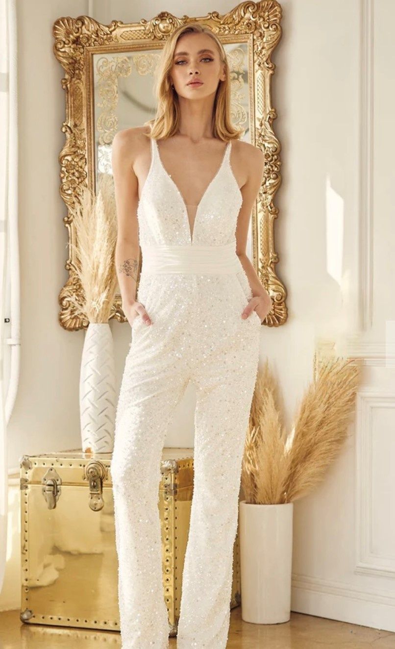 Style 926 Size 2 Satin White Formal Jumpsuit on Queenly