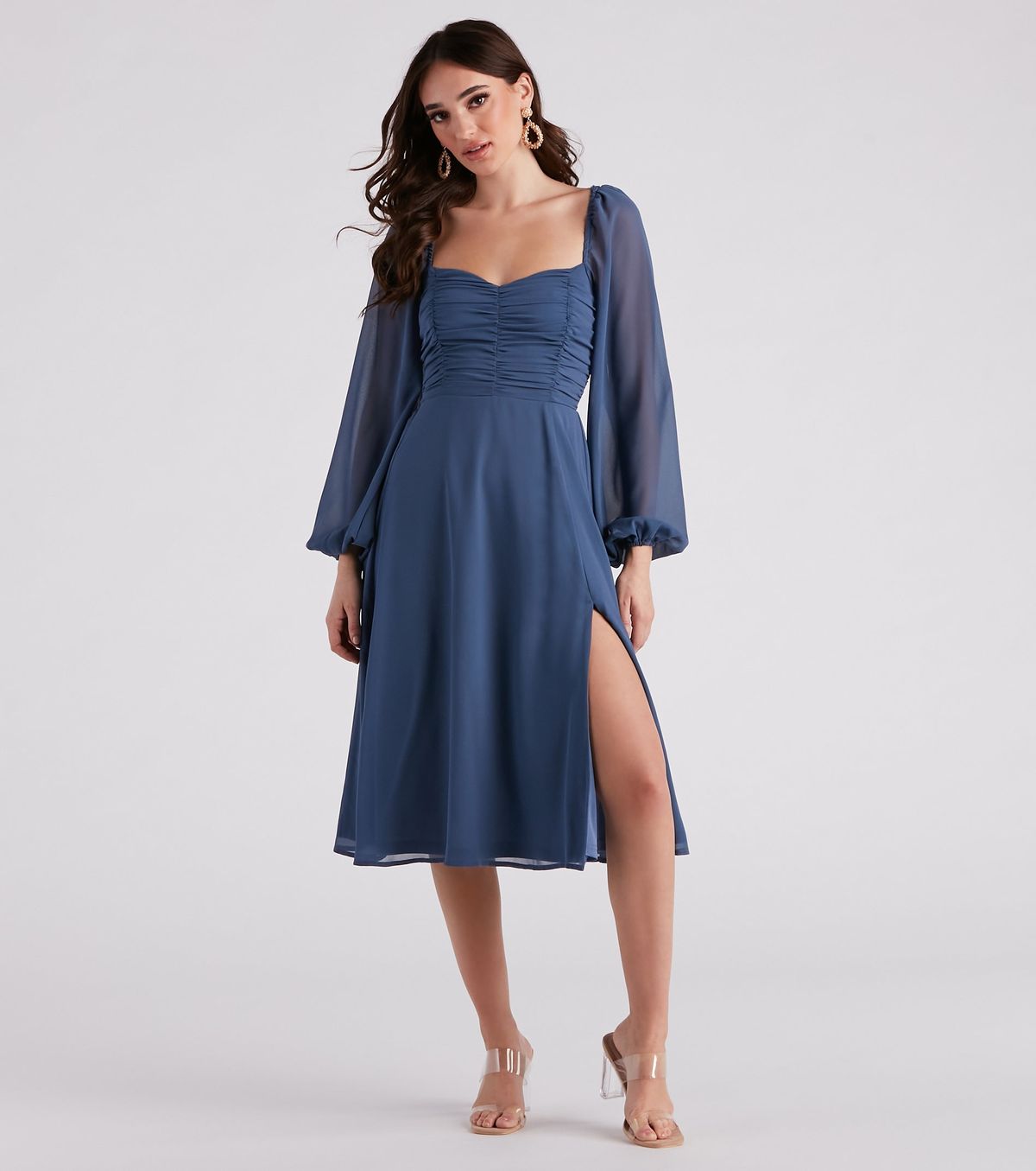 Style 05102-4954 Windsor Size M Wedding Guest Long Sleeve Sheer Blue Side Slit Dress on Queenly