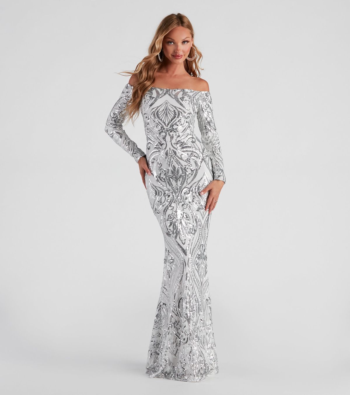 Style 05002-0962 Windsor Size M Prom Long Sleeve Sequined Silver Mermaid Dress on Queenly