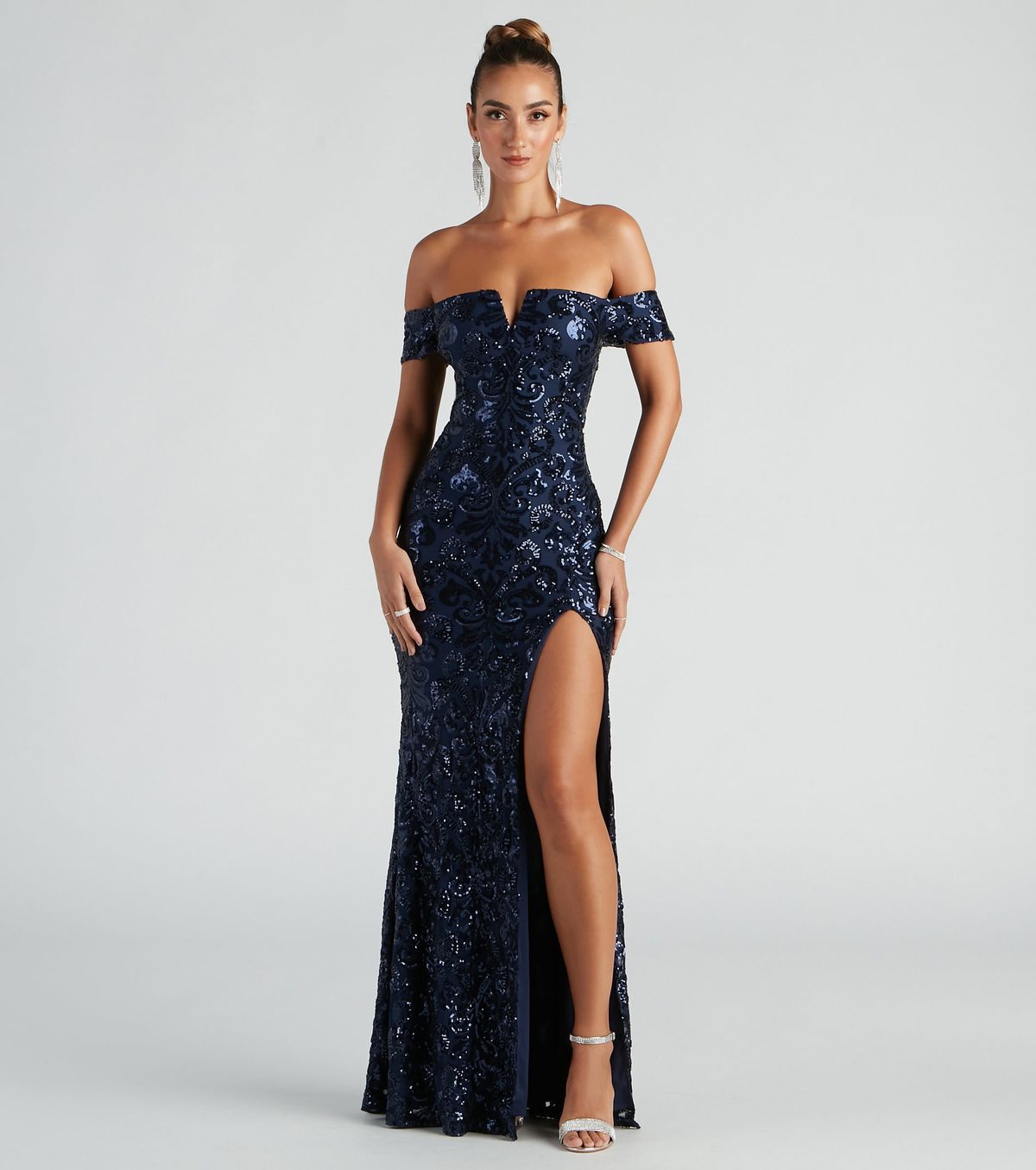 Style 05002-2503 Windsor Size XS Prom Strapless Sequined Blue Side Slit Dress on Queenly