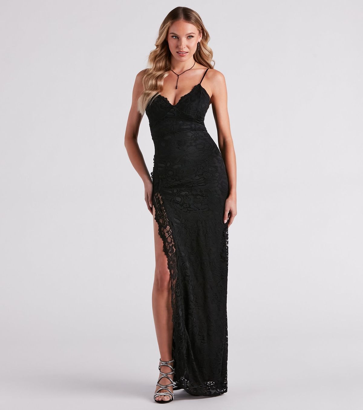 Style 05002-5577 Windsor Size XL Bridesmaid Lace Black Side Slit Dress on Queenly