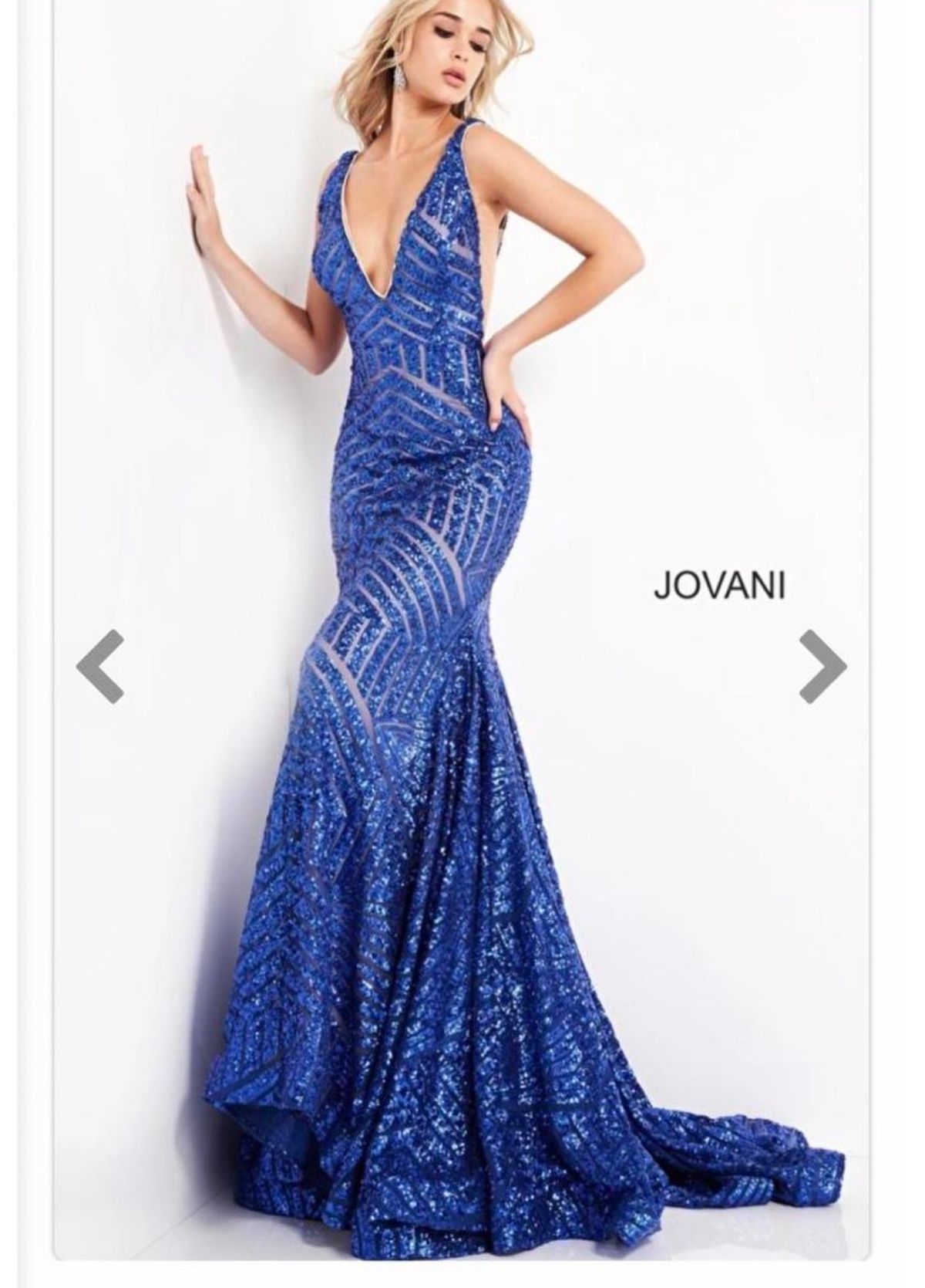 Jovani Size 0 Bridesmaid Plunge Sequined Royal Blue Dress With Train on Queenly