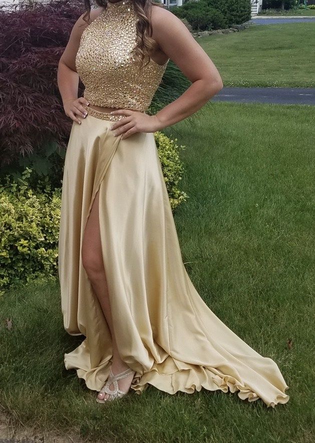 Sherri Hill Size 10 Prom High Neck Sequined Gold Floor Length Maxi on Queenly