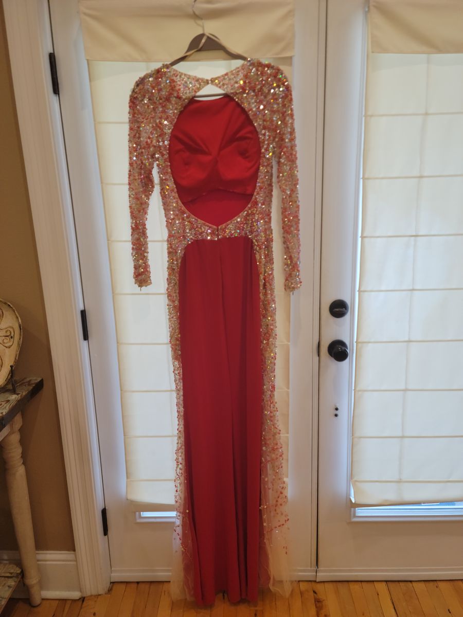 Jovani Size 10 Prom Long Sleeve Sheer Red Floor Length Maxi on Queenly