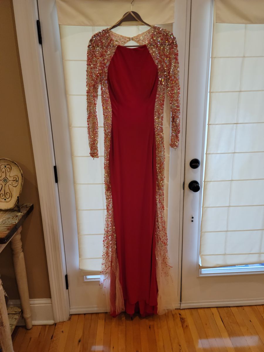 Jovani Size 10 Prom Long Sleeve Sheer Red Floor Length Maxi on Queenly