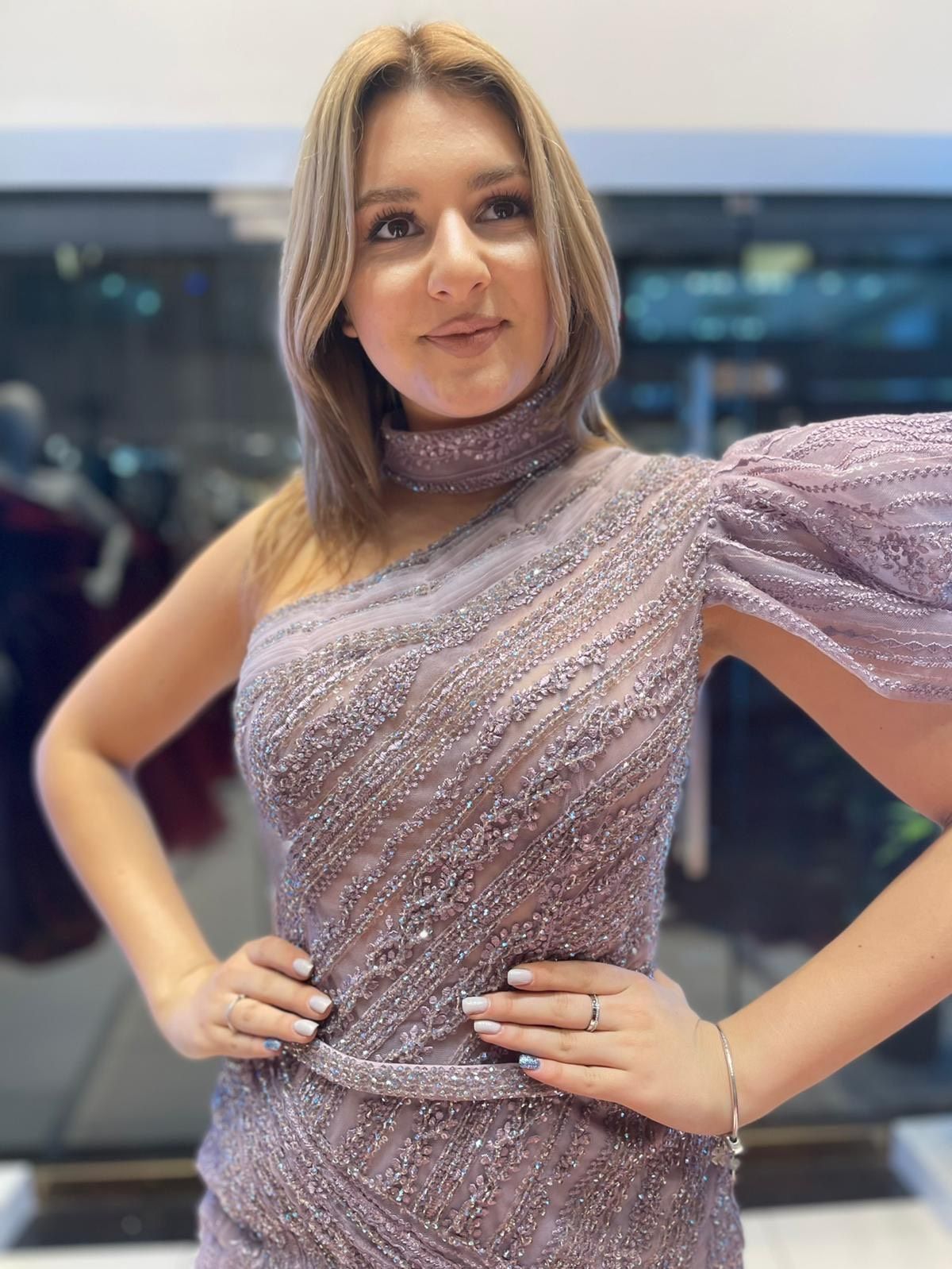 Lara couture Size 10 High Neck Sheer Light Pink Side Slit Dress on Queenly