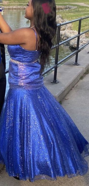 Size L Prom Strapless Sequined Light Blue Floor Length Maxi on Queenly