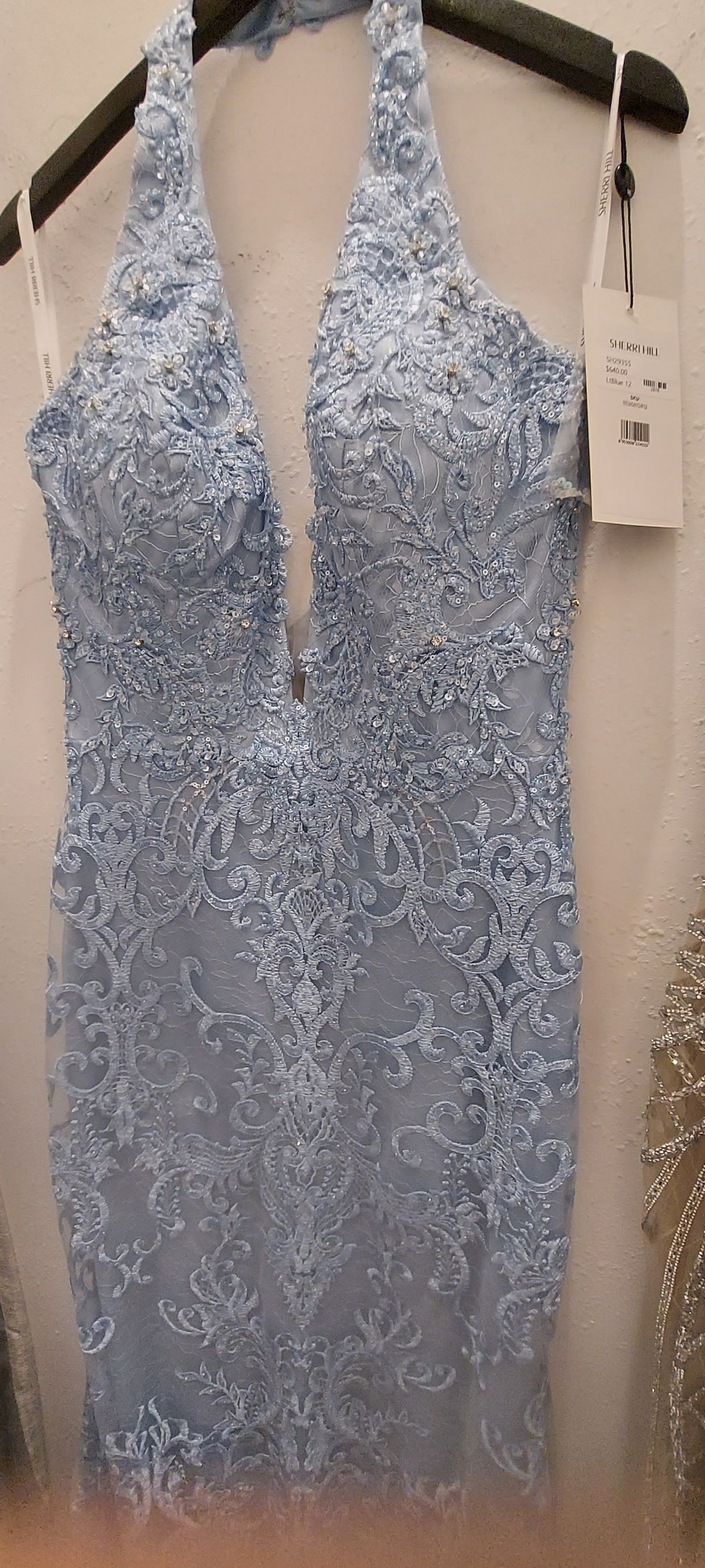 Sherri Hill Size 12 Prom Plunge Lace Light Blue Mermaid Dress on Queenly