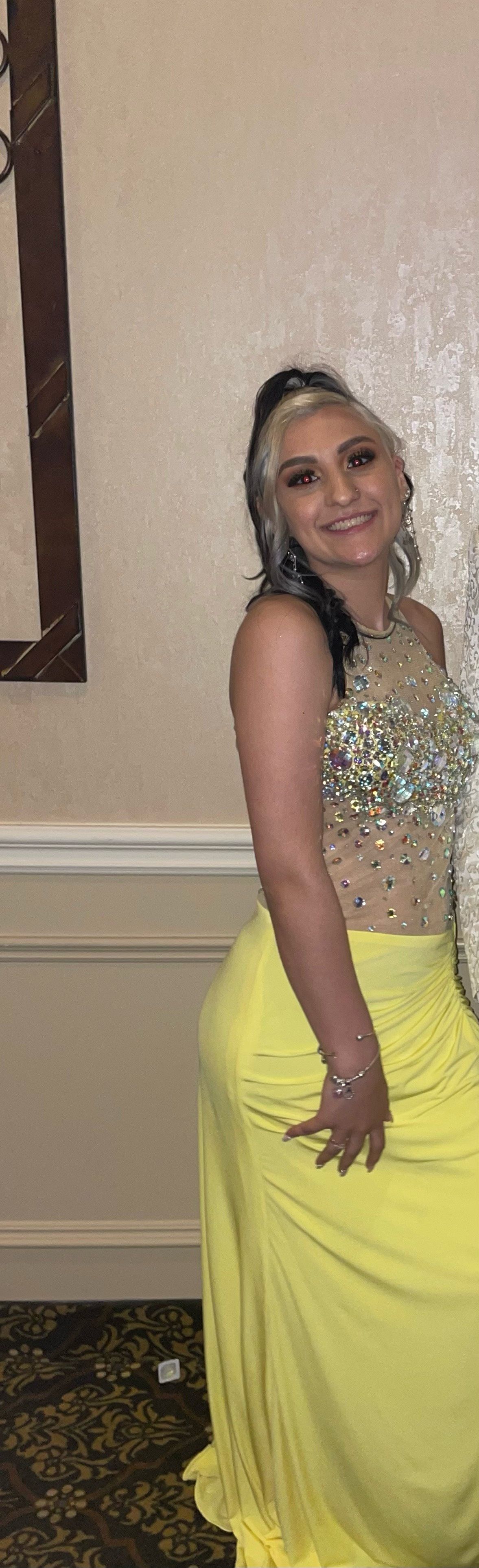 Jovani Size 2 Prom High Neck Sequined Yellow Side Slit Dress on Queenly