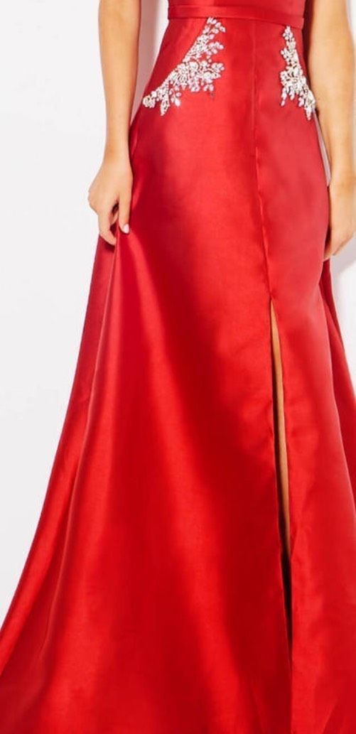Jovani Size 4 Bridesmaid Plunge Satin Red Mermaid Dress on Queenly