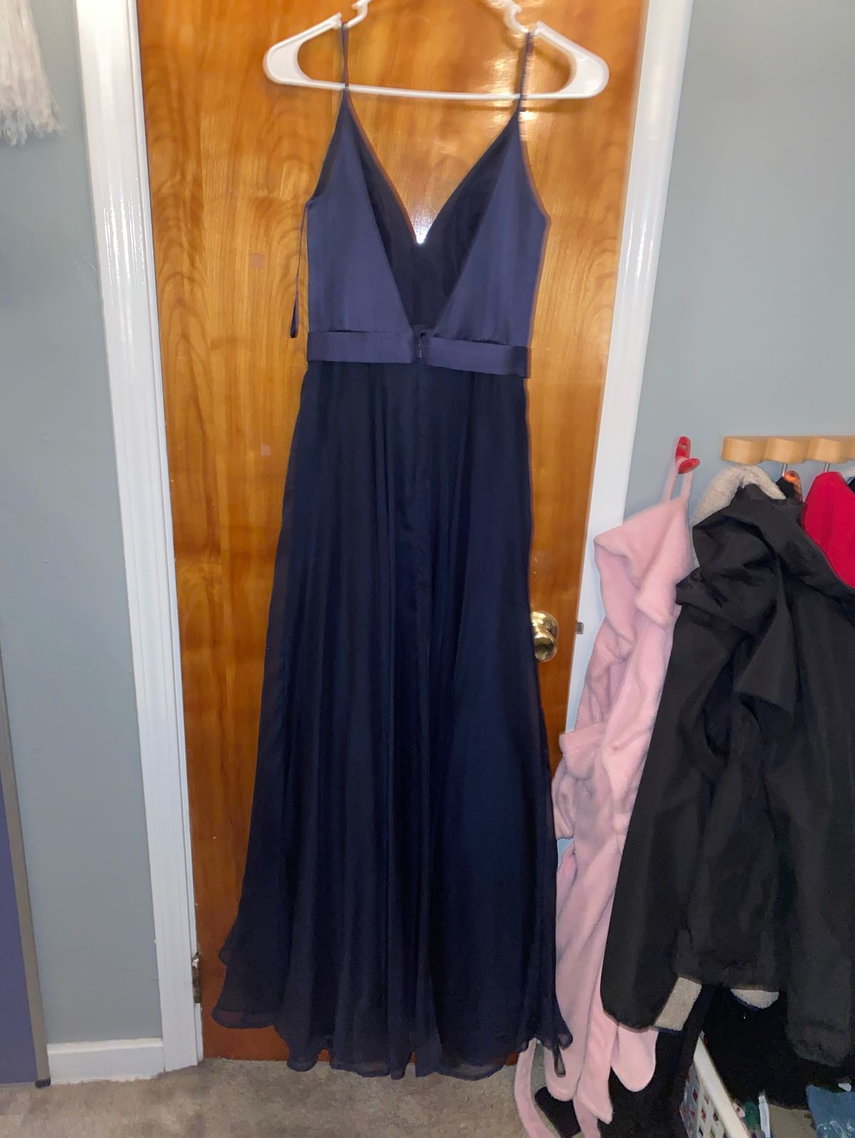 Jovani Size 4 Bridesmaid Satin Navy Blue A-line Dress on Queenly