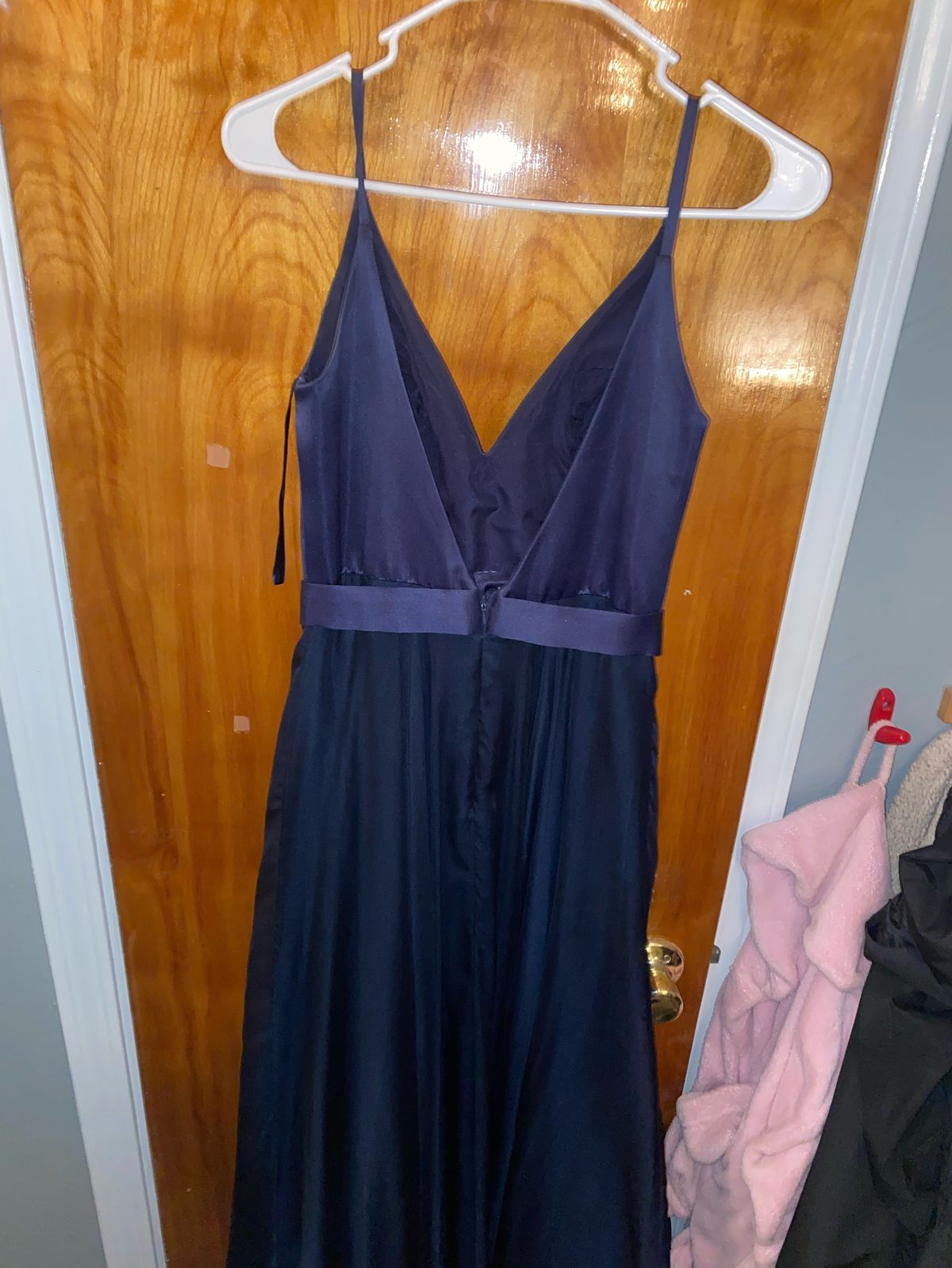 Jovani Size 4 Bridesmaid Satin Navy Blue A-line Dress on Queenly