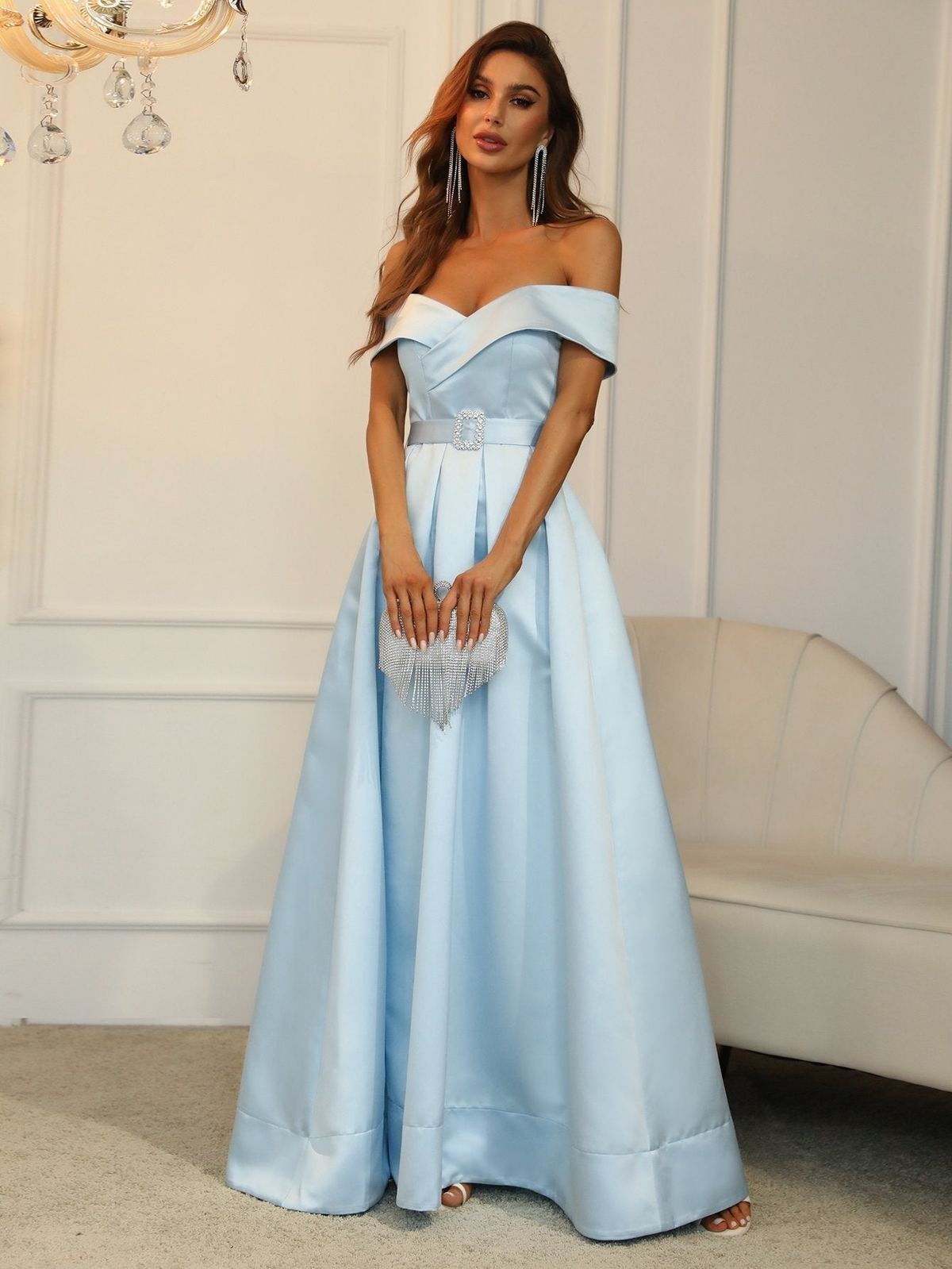 Style FSWD0195 Faeriesty Size M Prom Off The Shoulder Satin Blue Ball Gown on Queenly