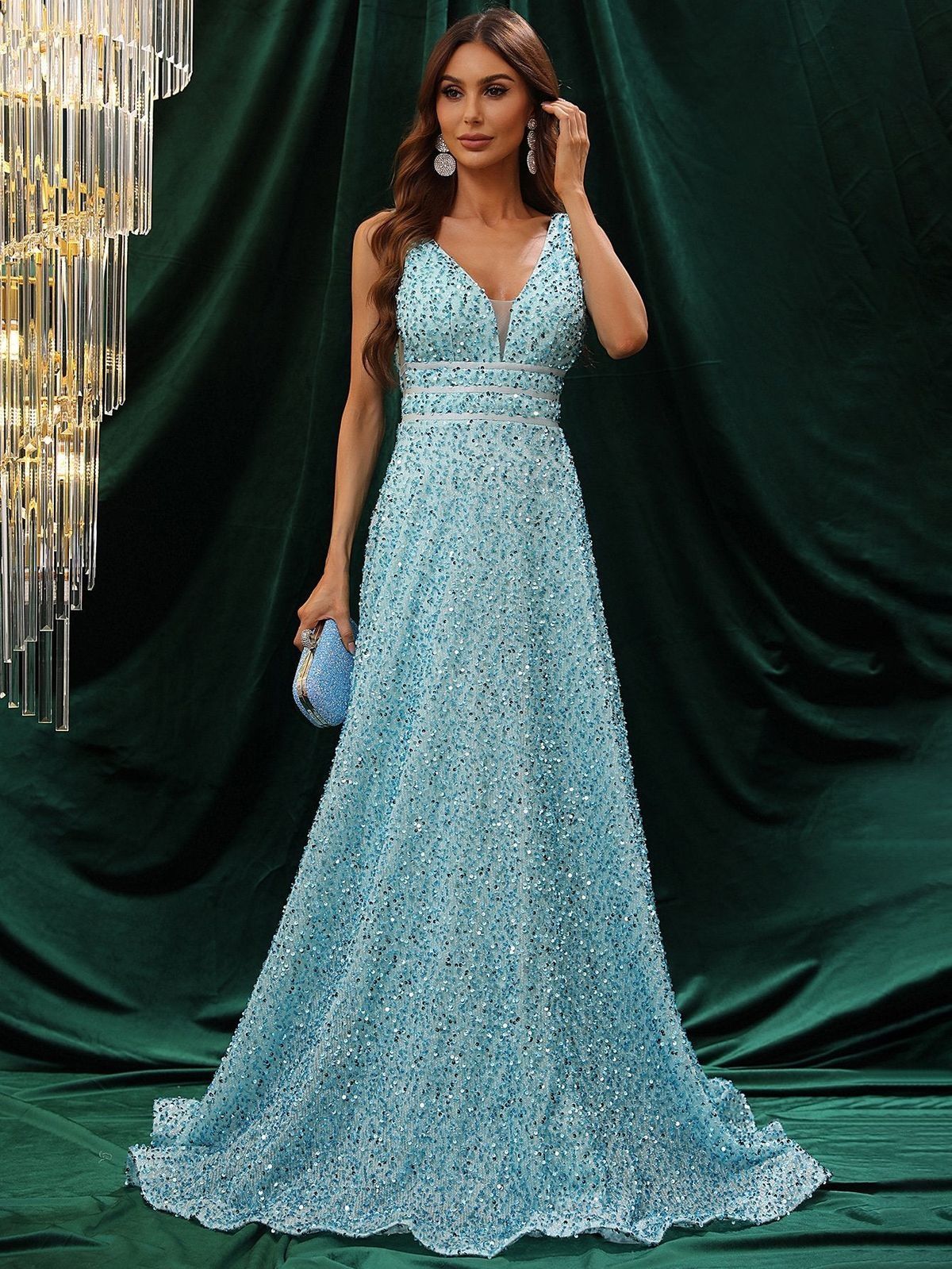 Style FSWD0448 Faeriesty Size XL Plunge Sequined Light Green Floor Length Maxi on Queenly