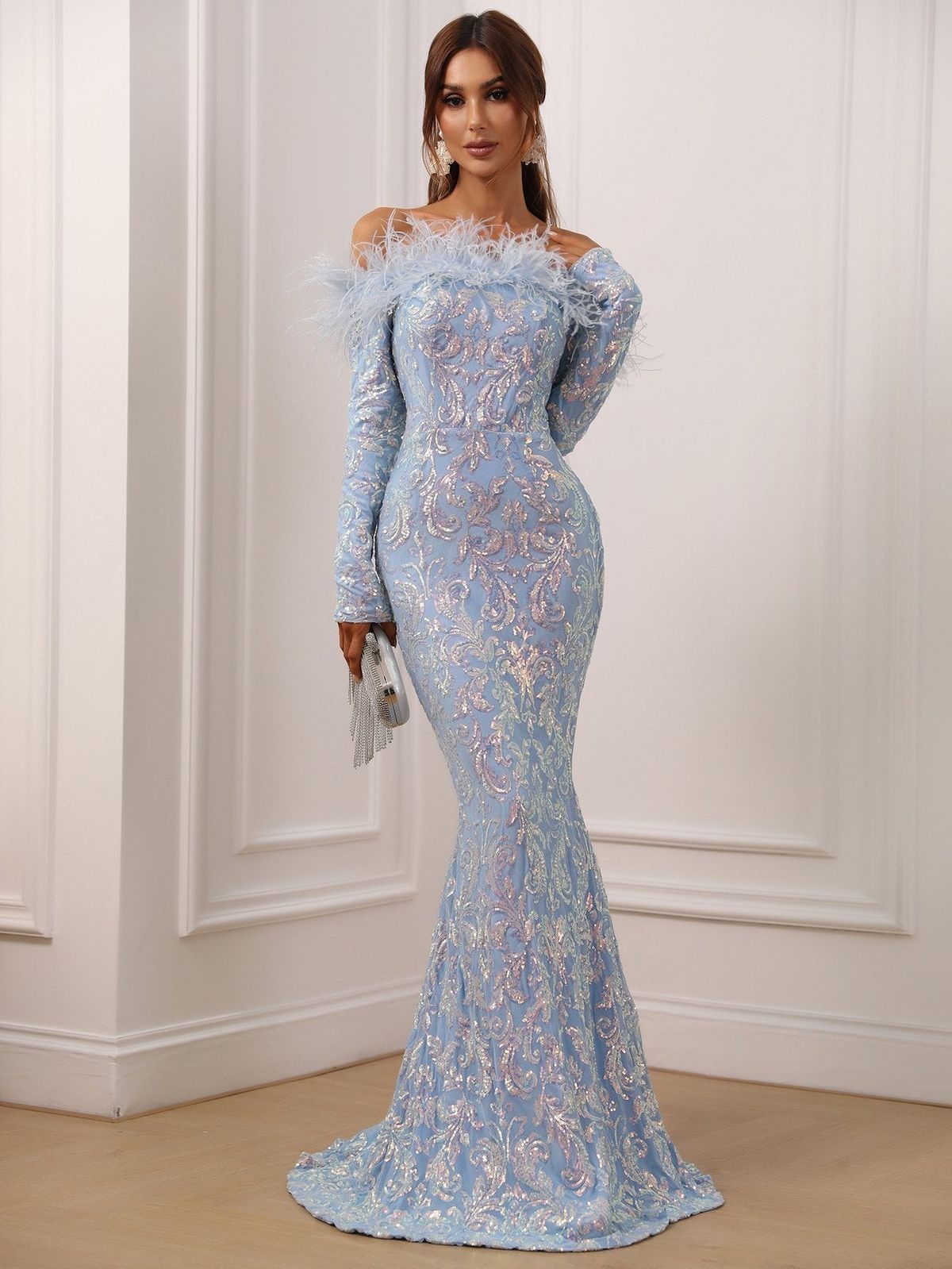Style FSWD0324 Faeriesty Size L Prom Long Sleeve Sequined Light Blue Floor Length Maxi on Queenly