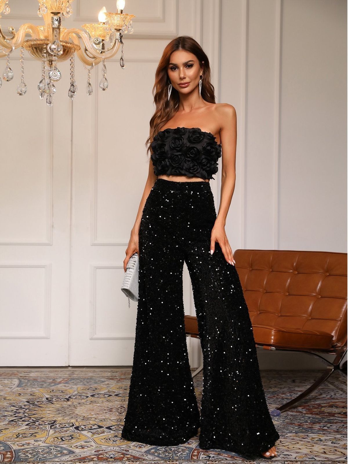Style FSWU0357 Faeriesty Size S Nightclub Strapless Sequined Black Formal Jumpsuit on Queenly