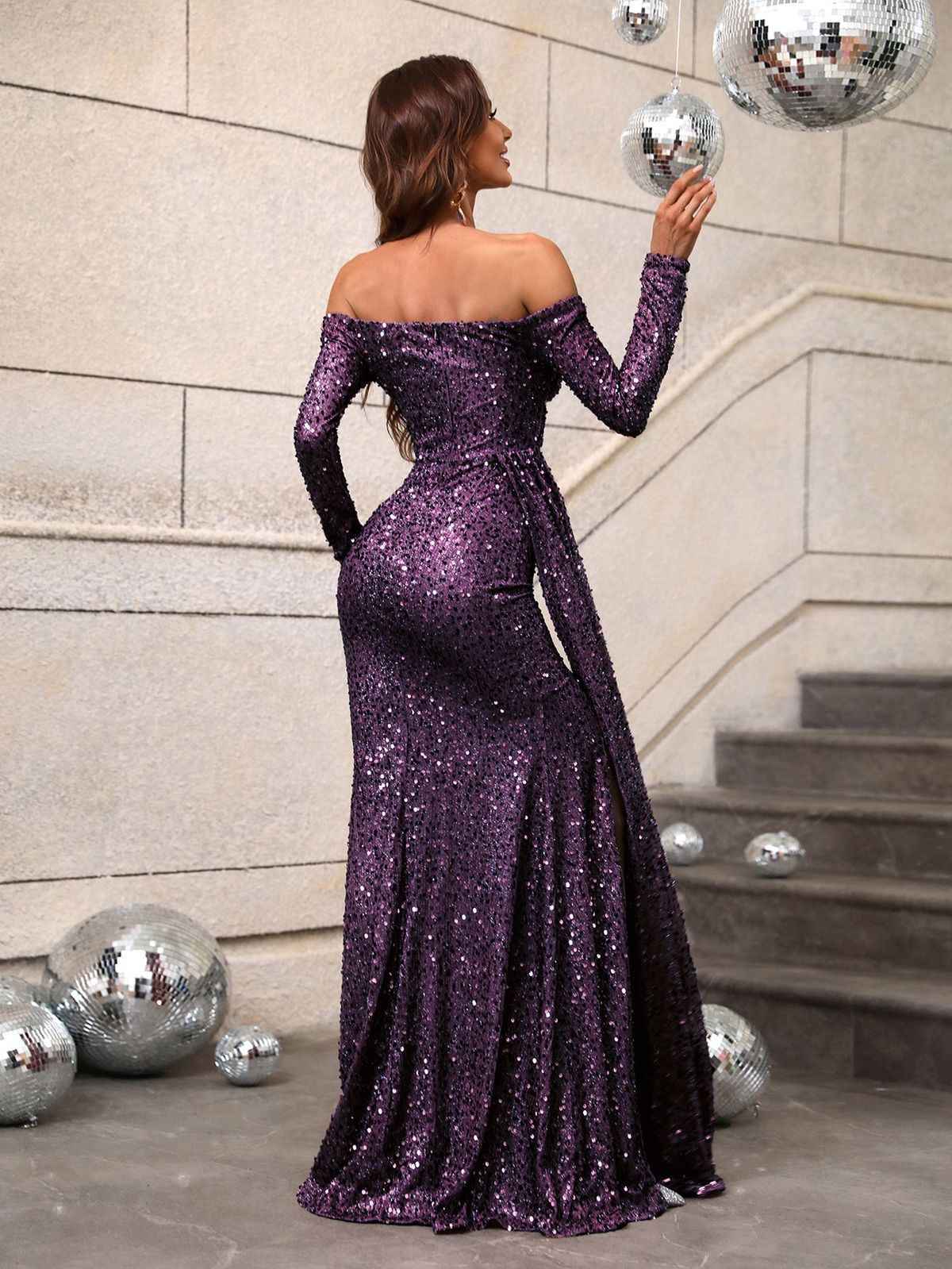 Style FSWD0392 Faeriesty Size M Prom Long Sleeve Sequined Purple Side Slit Dress on Queenly