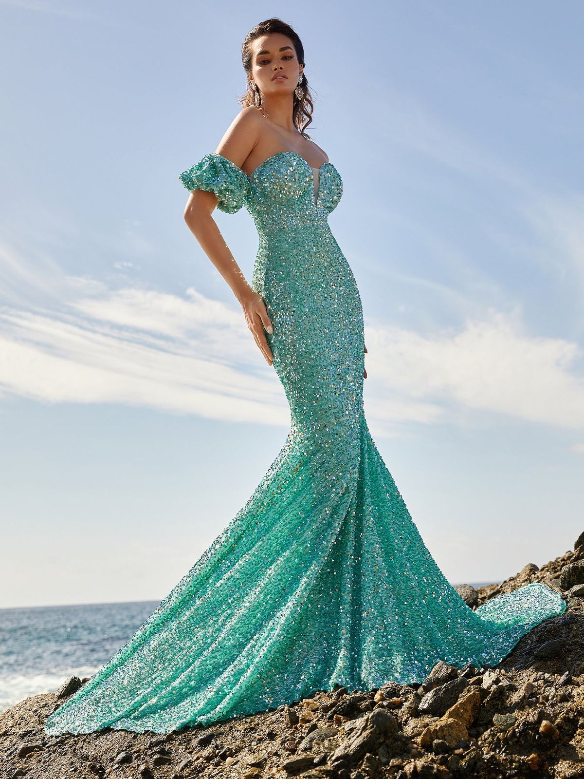 Style FSWD0777 Faeriesty Size XS Off The Shoulder Sequined Light Green Mermaid Dress on Queenly