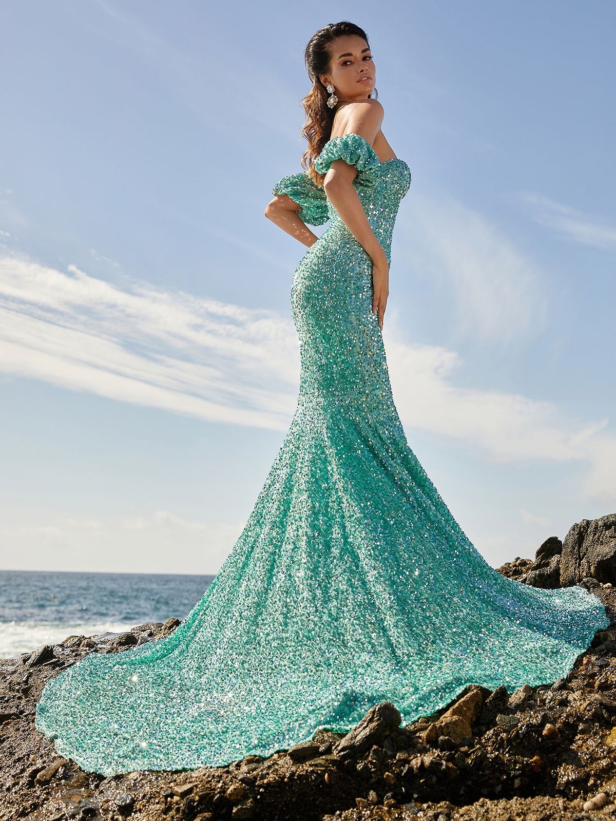Style FSWD0777 Faeriesty Size XS Off The Shoulder Sequined Light Green Mermaid Dress on Queenly