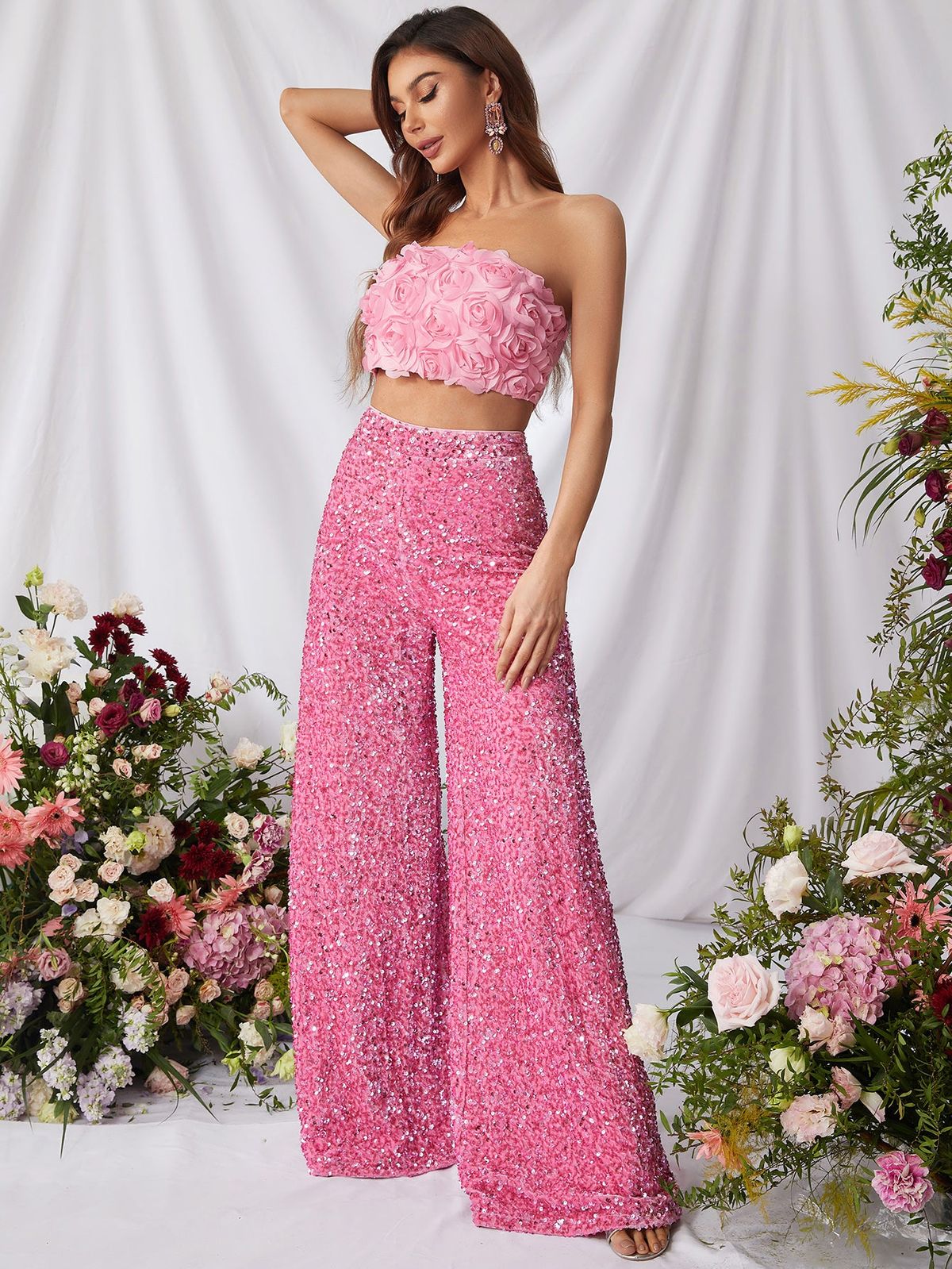 Style FSWU0357 Faeriesty Size M Homecoming Strapless Sequined Light Pink Formal Jumpsuit on Queenly