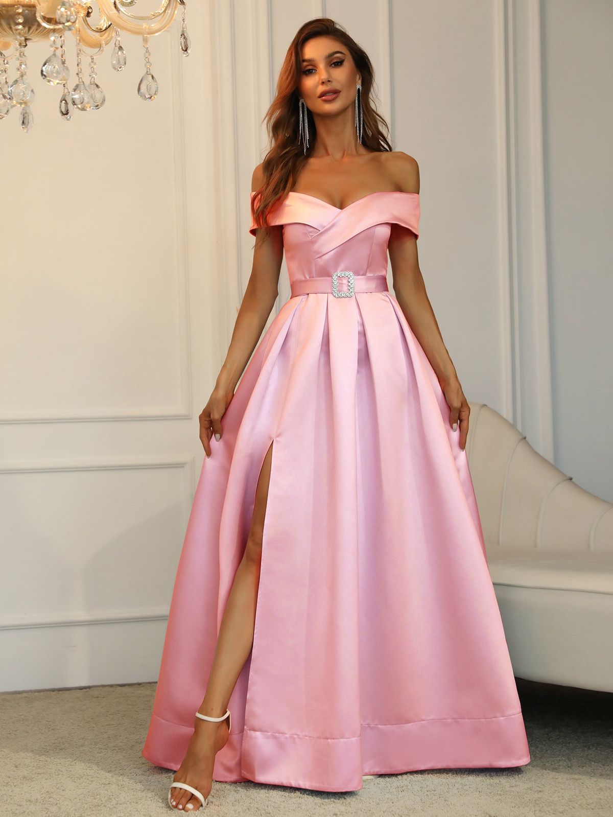 Style FSWD0195 Faeriesty Size M Prom Off The Shoulder Satin Light Pink Ball Gown on Queenly