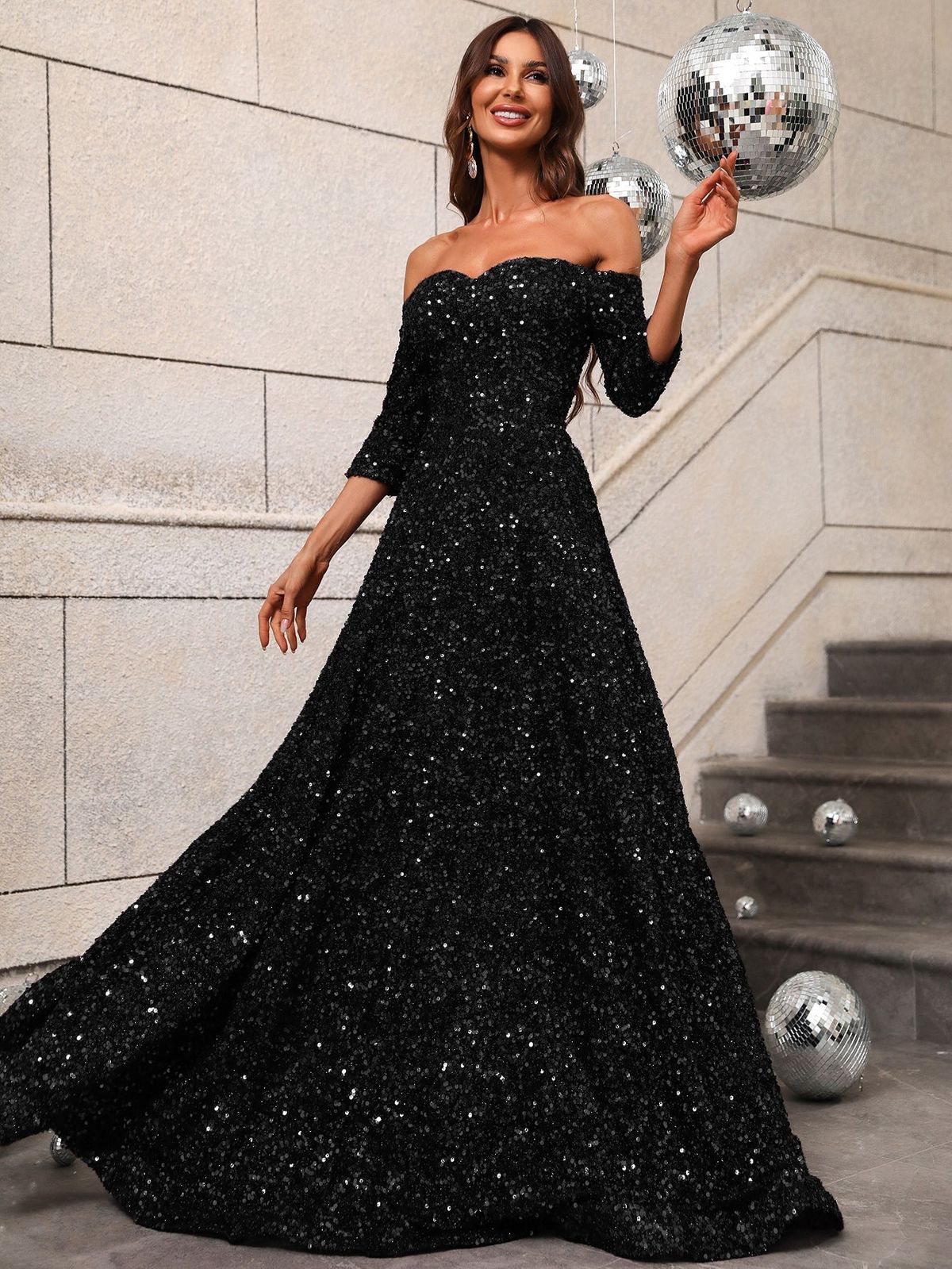 Style FSWD0427 Faeriesty Size XL Prom Off The Shoulder Sequined Black A-line Dress on Queenly