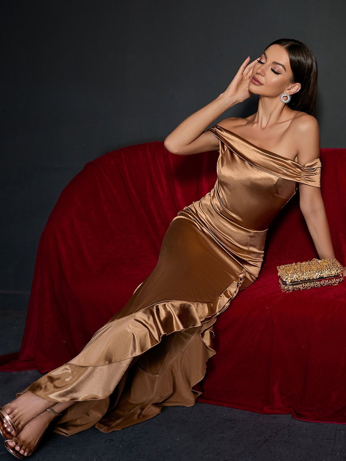 Style FSWD8023 Faeriesty Size L Off The Shoulder Satin Gold Floor Length Maxi on Queenly