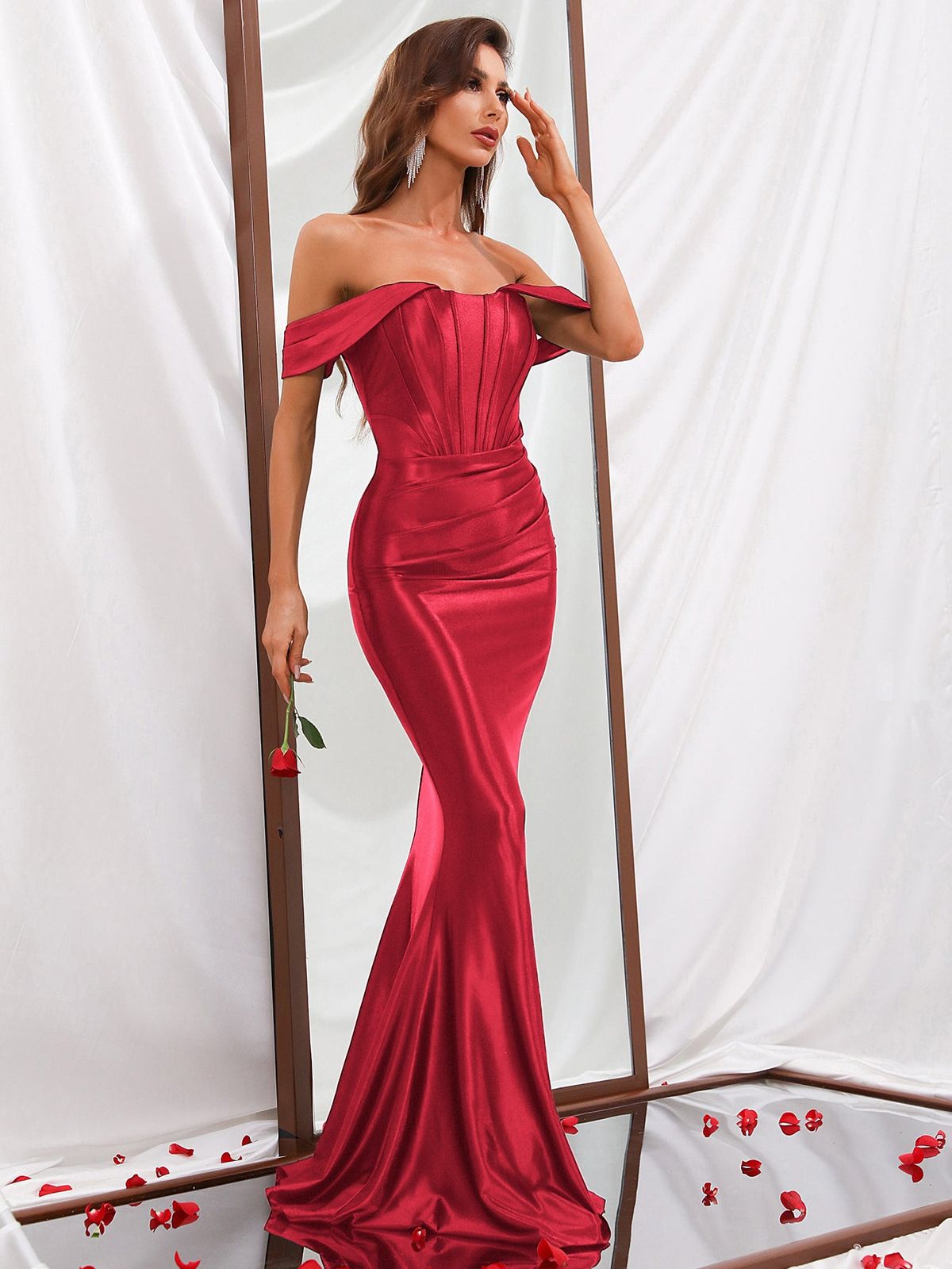 Style FSWD0302 Faeriesty Size XS Off The Shoulder Satin Burgundy Red Mermaid Dress on Queenly