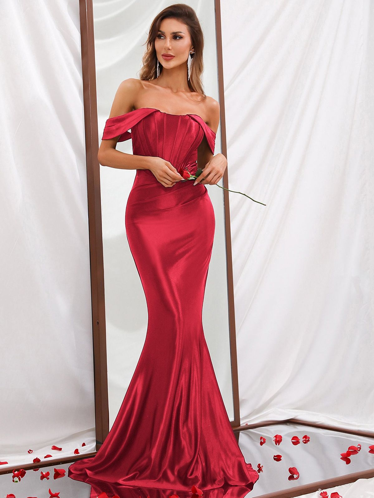 Style FSWD0302 Faeriesty Size L Off The Shoulder Satin Burgundy Red Mermaid Dress on Queenly