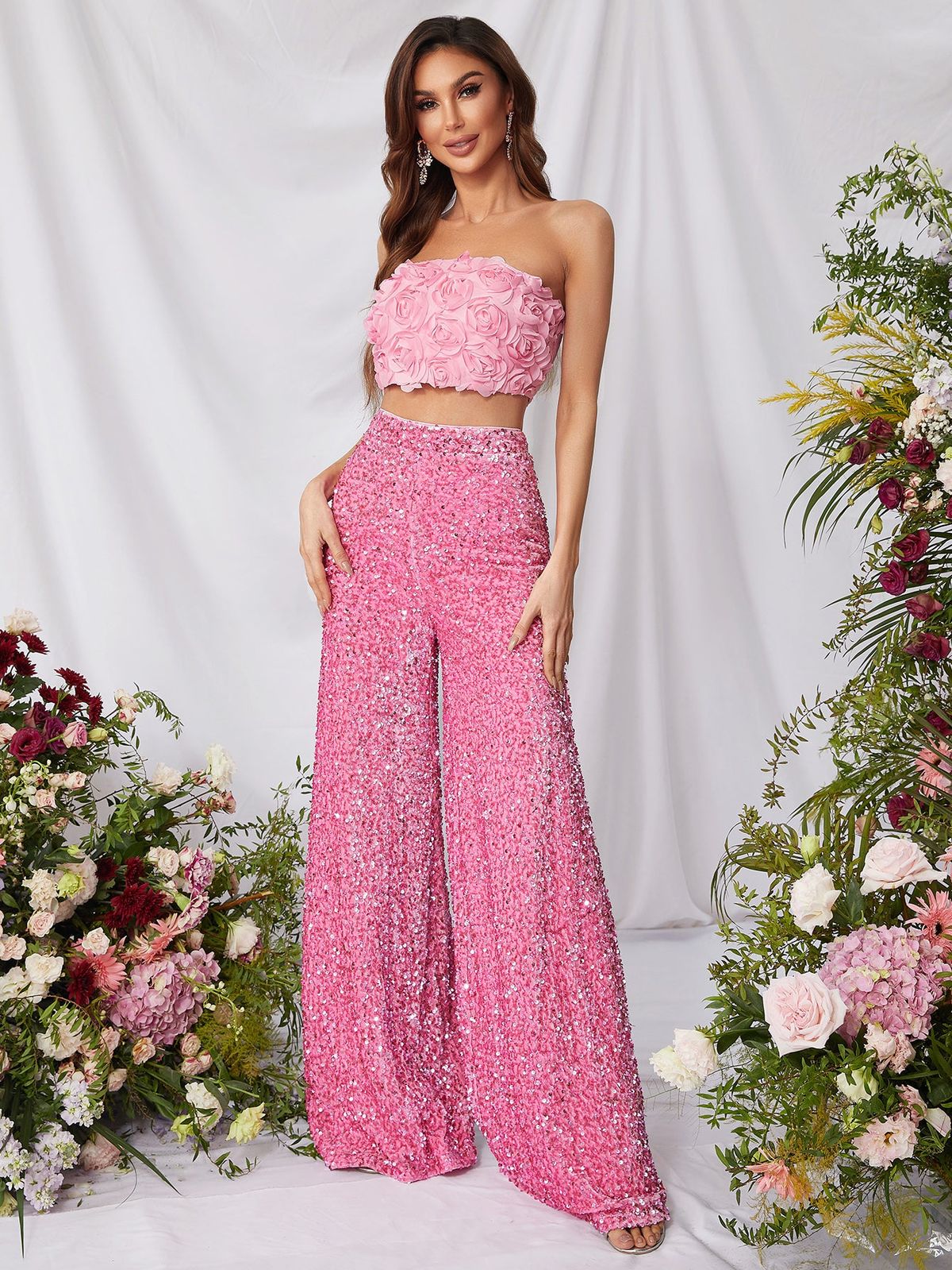 Style FSWU0357 Faeriesty Size XL Nightclub Strapless Sequined Pink Formal Jumpsuit on Queenly