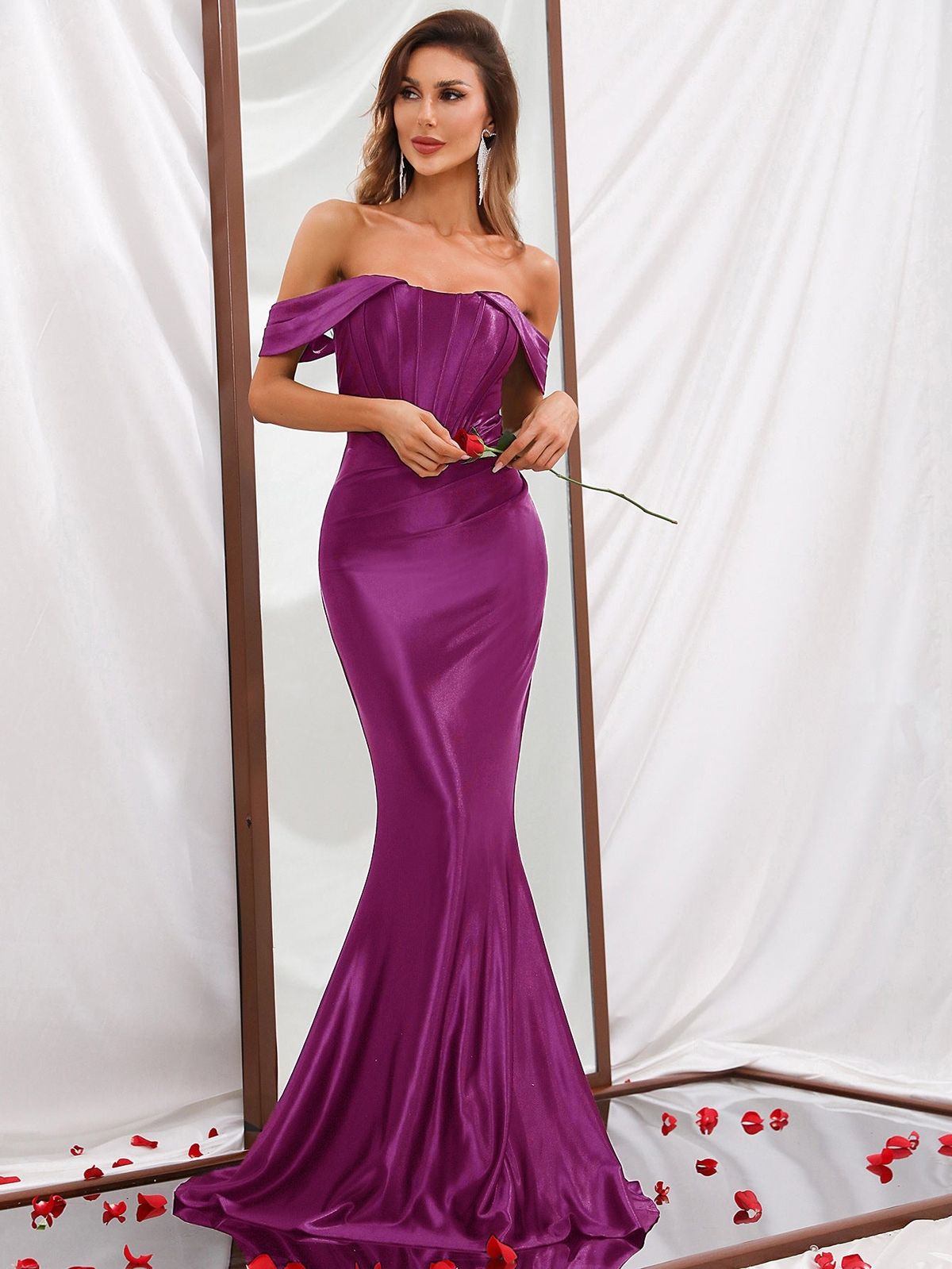 Style FSWD0302 Faeriesty Size S Off The Shoulder Satin Purple Mermaid Dress on Queenly
