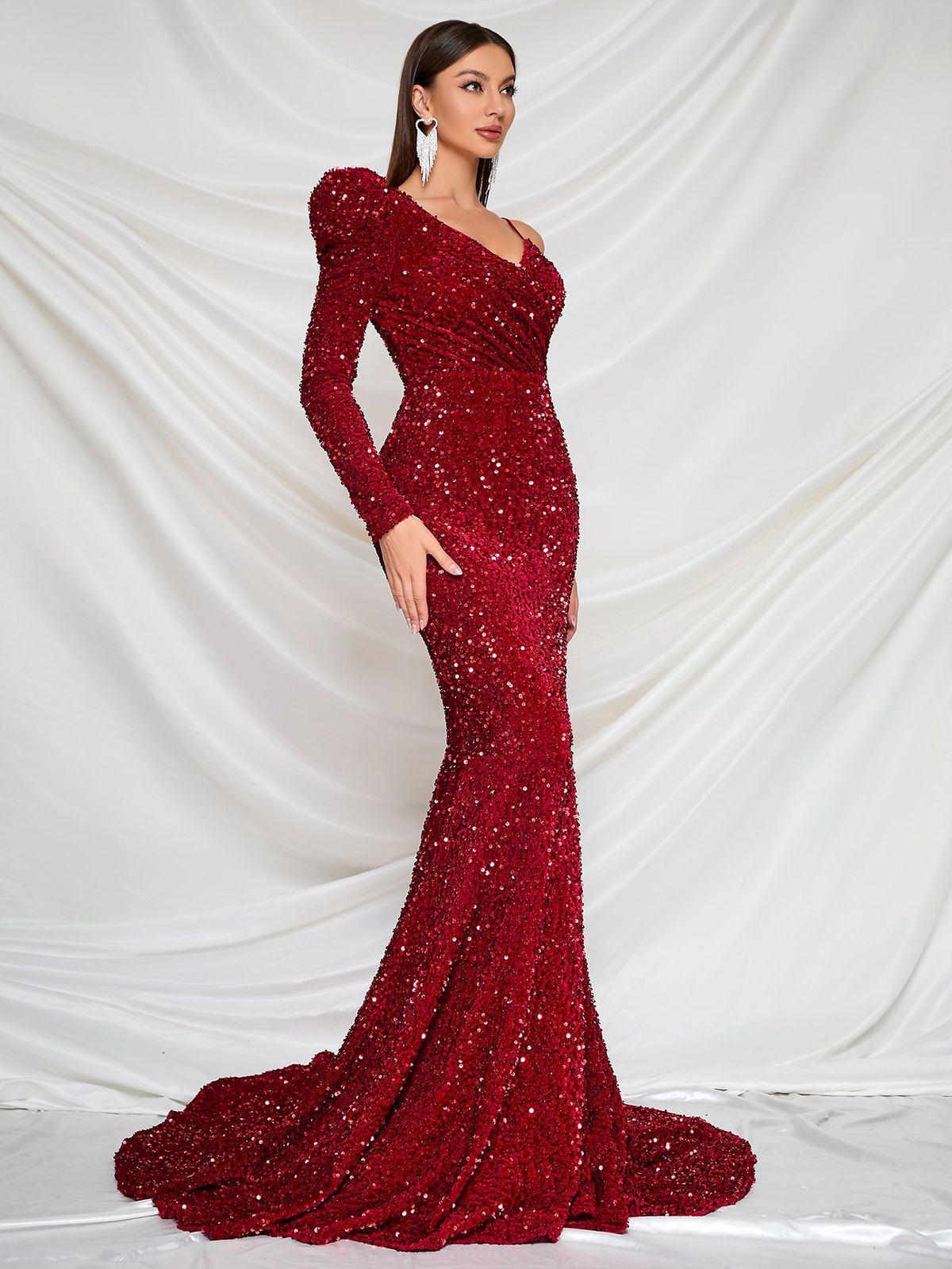 Style FSWD8016 Faeriesty Size M Long Sleeve Sequined Burgundy Red Mermaid Dress on Queenly