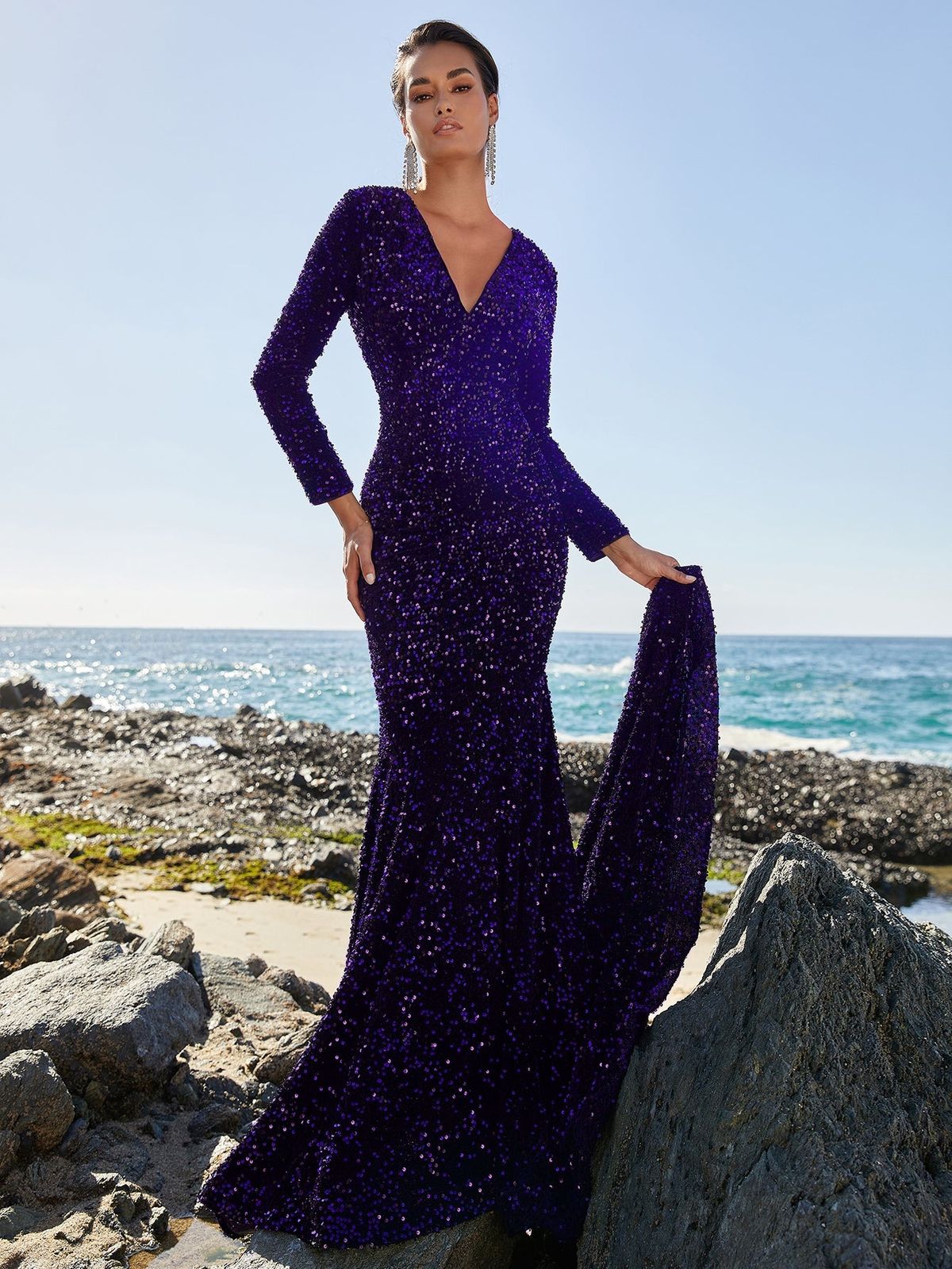 Style FSWD0536 Faeriesty Size M Prom Long Sleeve Sequined Purple Floor Length Maxi on Queenly