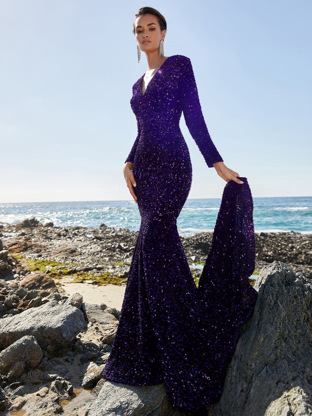 Style FSWD0536 Faeriesty Size M Prom Long Sleeve Sequined Purple Floor Length Maxi on Queenly