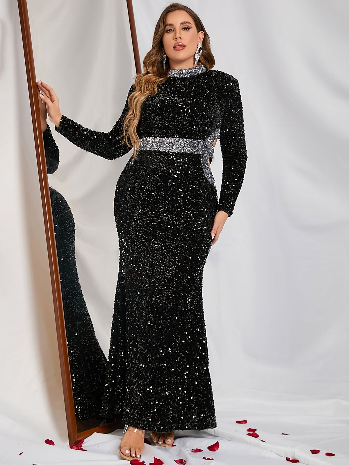 Style FSWD8042P Faeriesty Size 1X Long Sleeve Sequined Black Mermaid Dress on Queenly