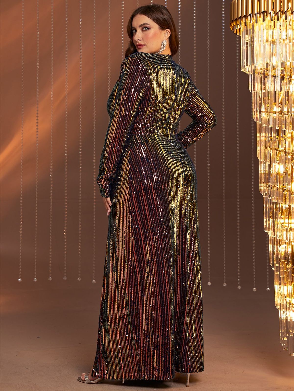 Style FSWD0729P Faeriesty Size 2X Long Sleeve Sequined Multicolor Side Slit Dress on Queenly