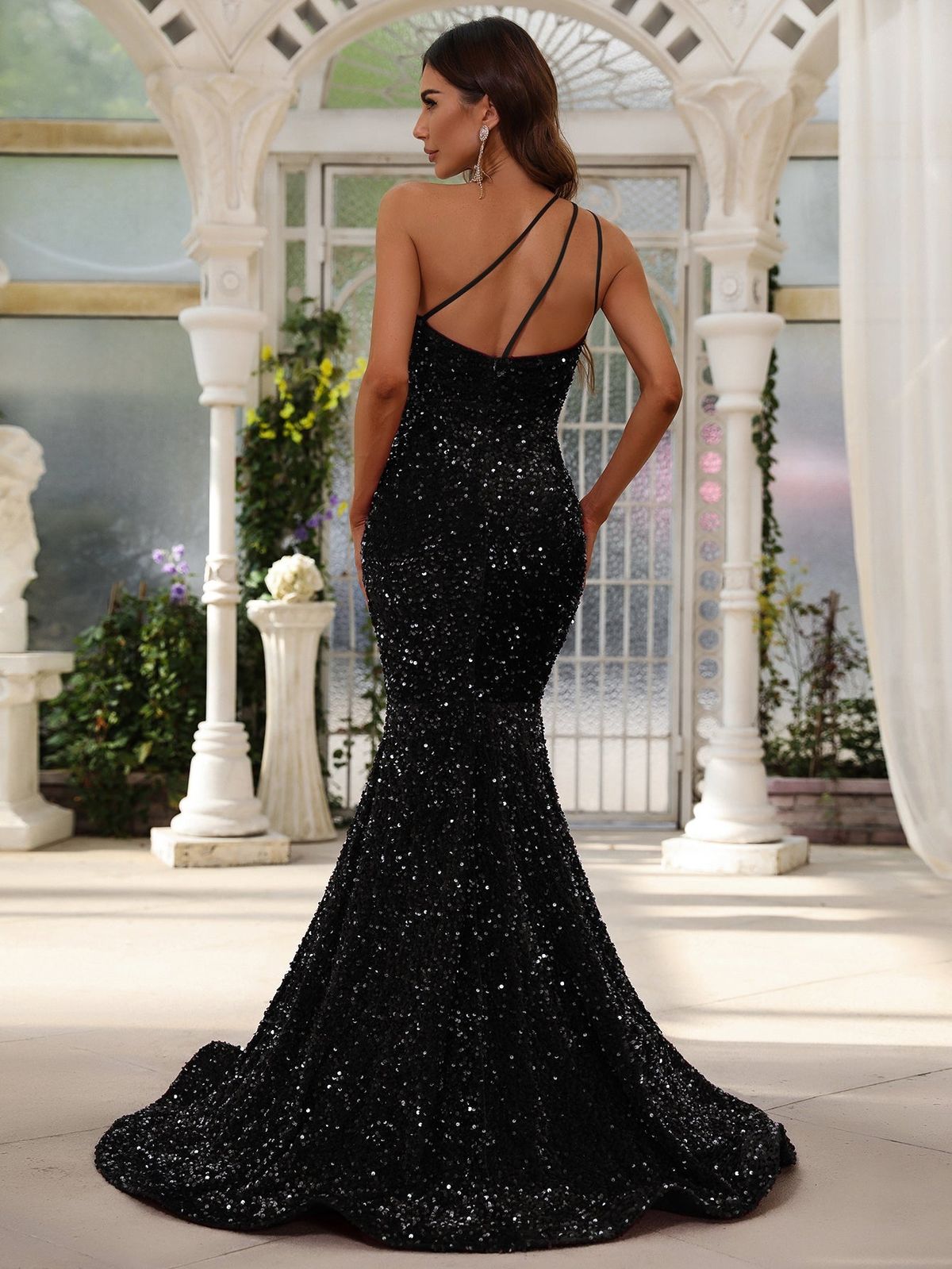 Style FSWD0588 Faeriesty Size L Nightclub One Shoulder Sequined Black Mermaid Dress on Queenly