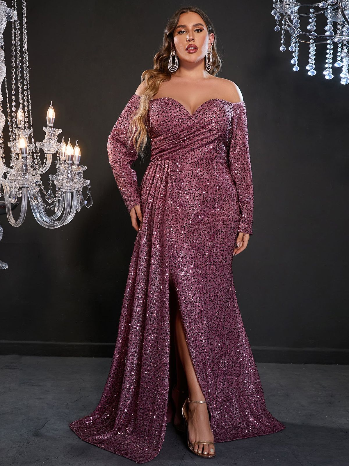 Style FSWD0392P Faeriesty Size 2X Long Sleeve Sequined Pink Side Slit Dress on Queenly