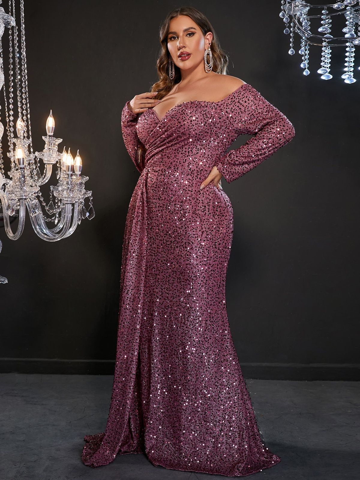 Style FSWD0392P Faeriesty Size 4X Prom Long Sleeve Sequined Pink Side Slit Dress on Queenly