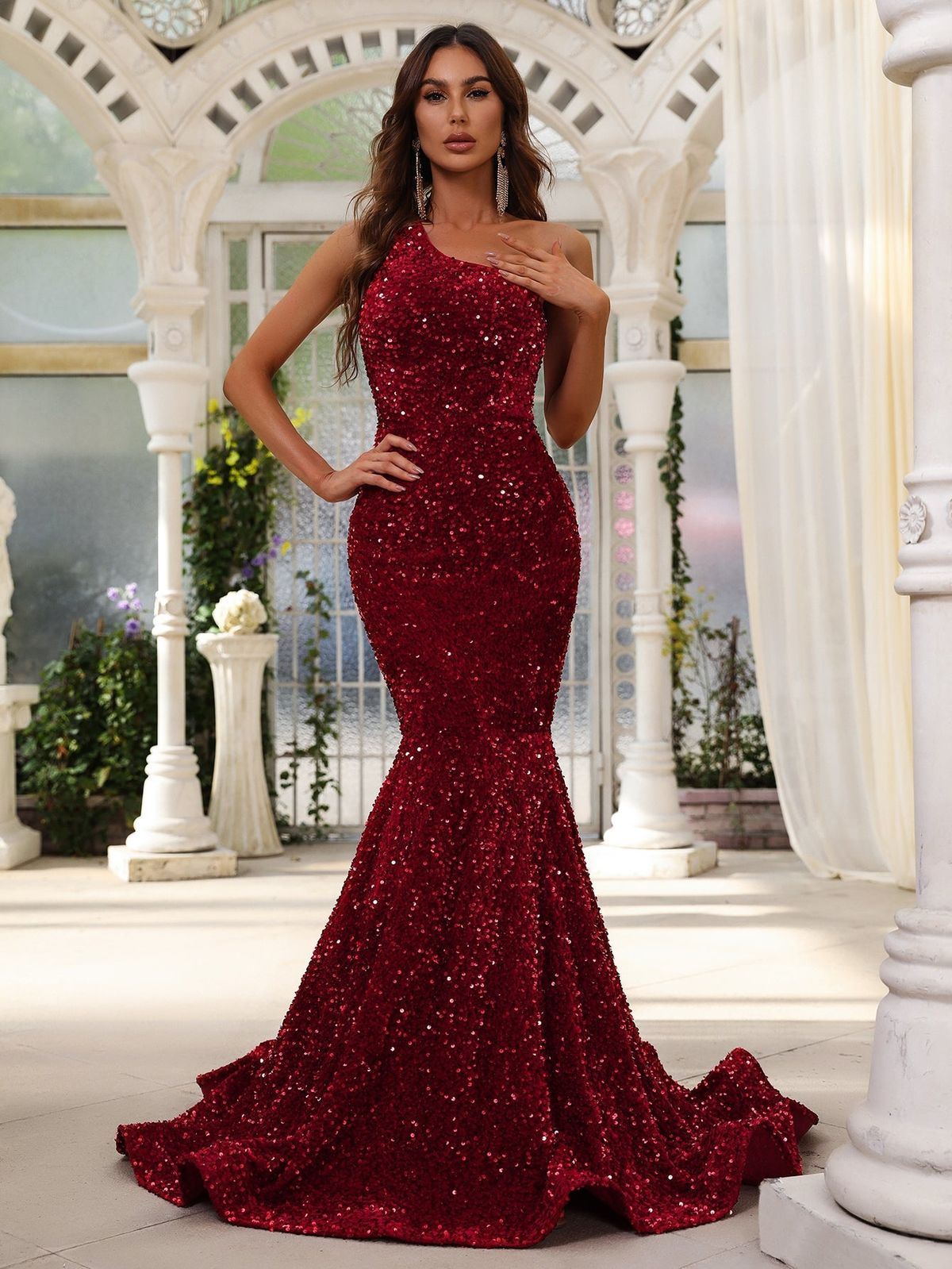 Style FSWD0588 Faeriesty Size L Nightclub One Shoulder Sequined Burgundy Red Mermaid Dress on Queenly
