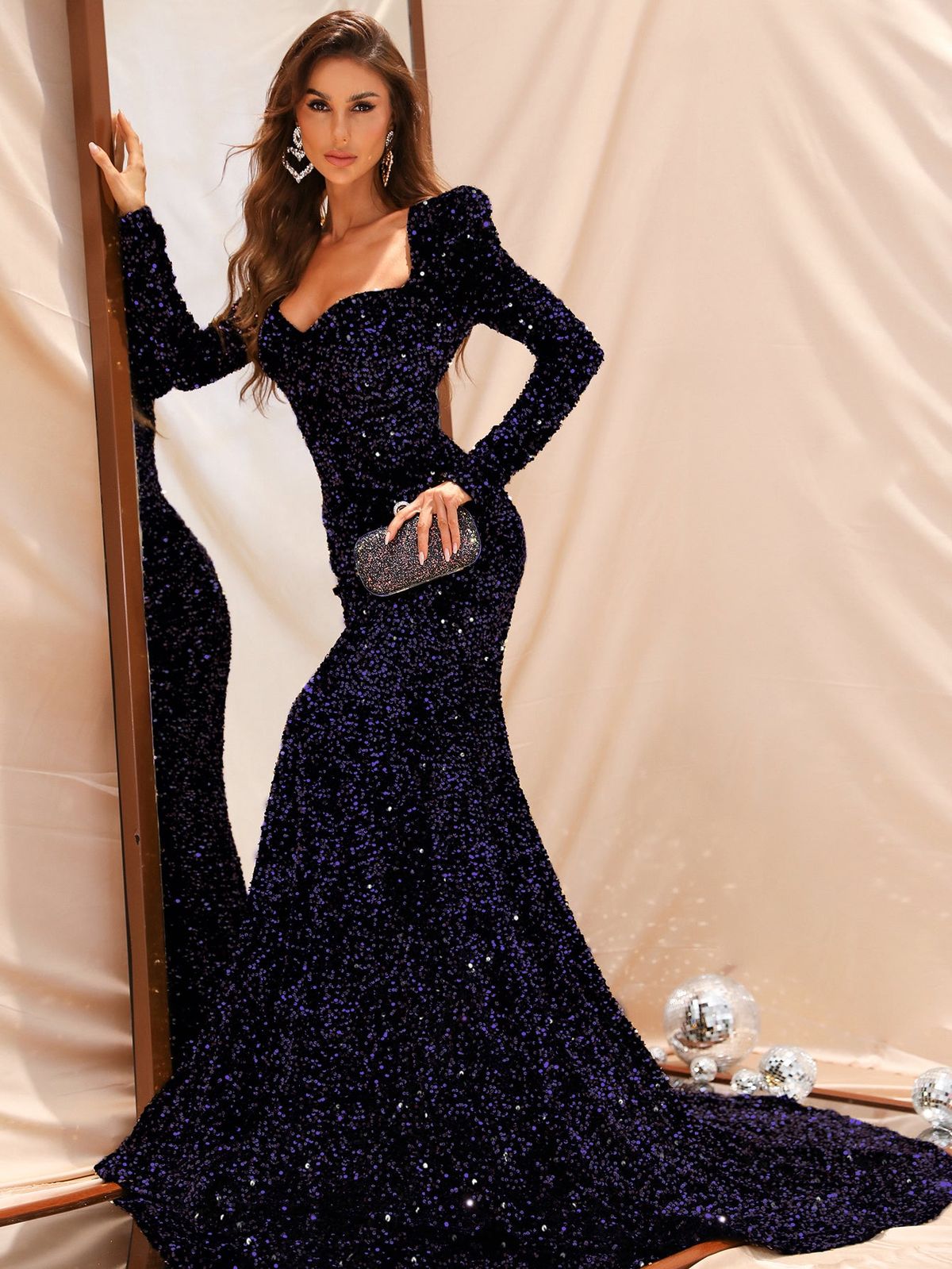 Style FSWD8035 Faeriesty Size L Long Sleeve Sequined Purple Mermaid Dress on Queenly