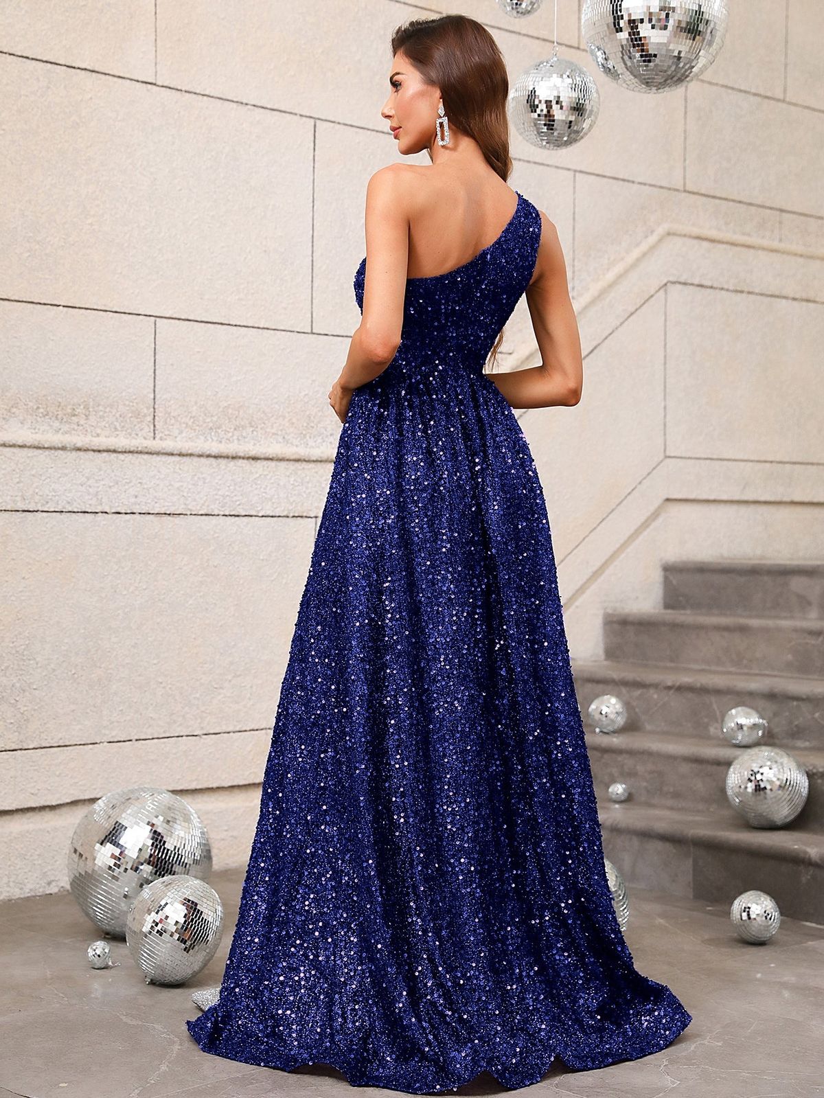 Style FSWD0431 Faeriesty Size M One Shoulder Sequined Blue A-line Dress on Queenly