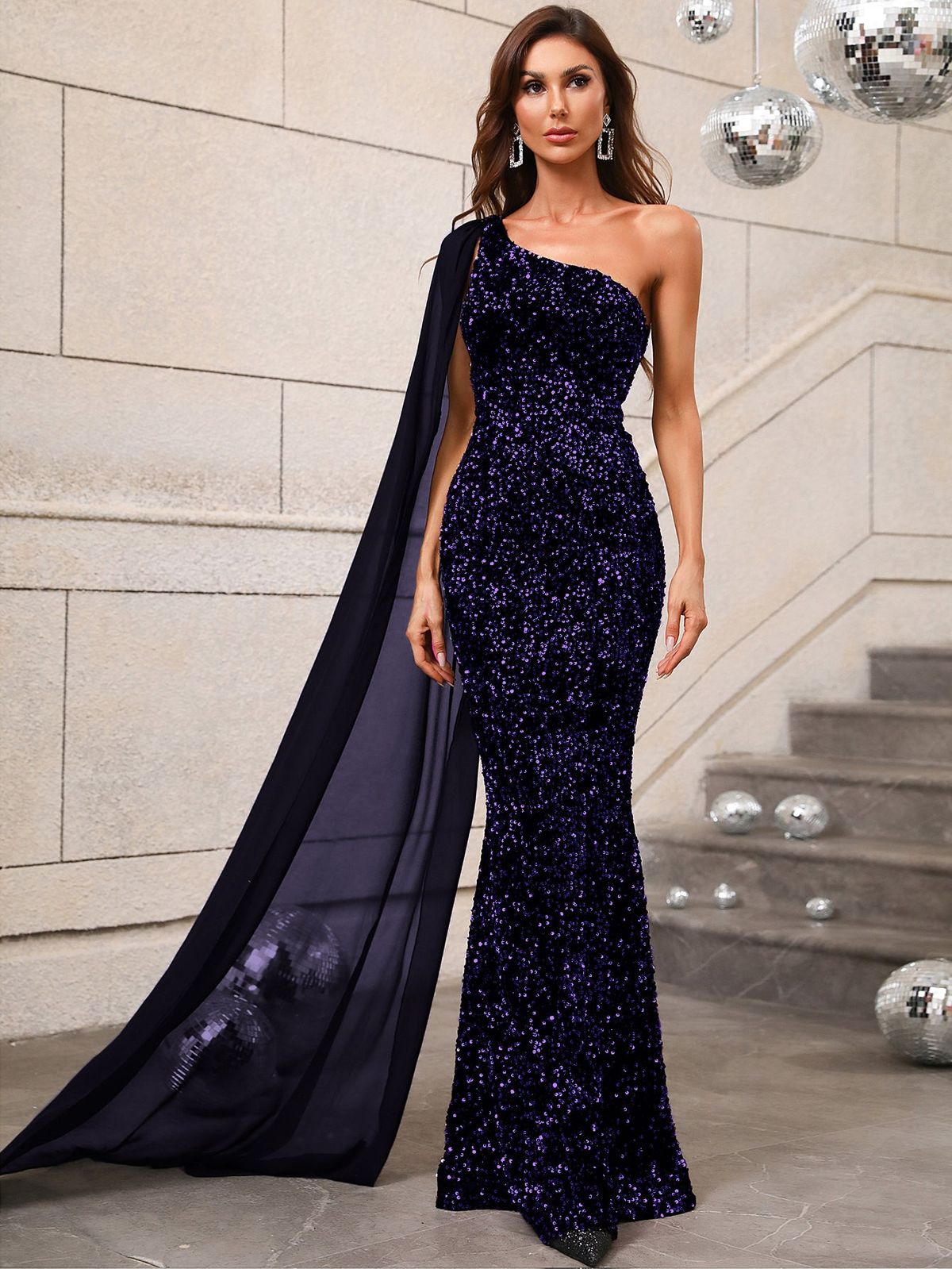 Style FSWD0421 Faeriesty Size M Prom One Shoulder Sequined Purple Floor Length Maxi on Queenly