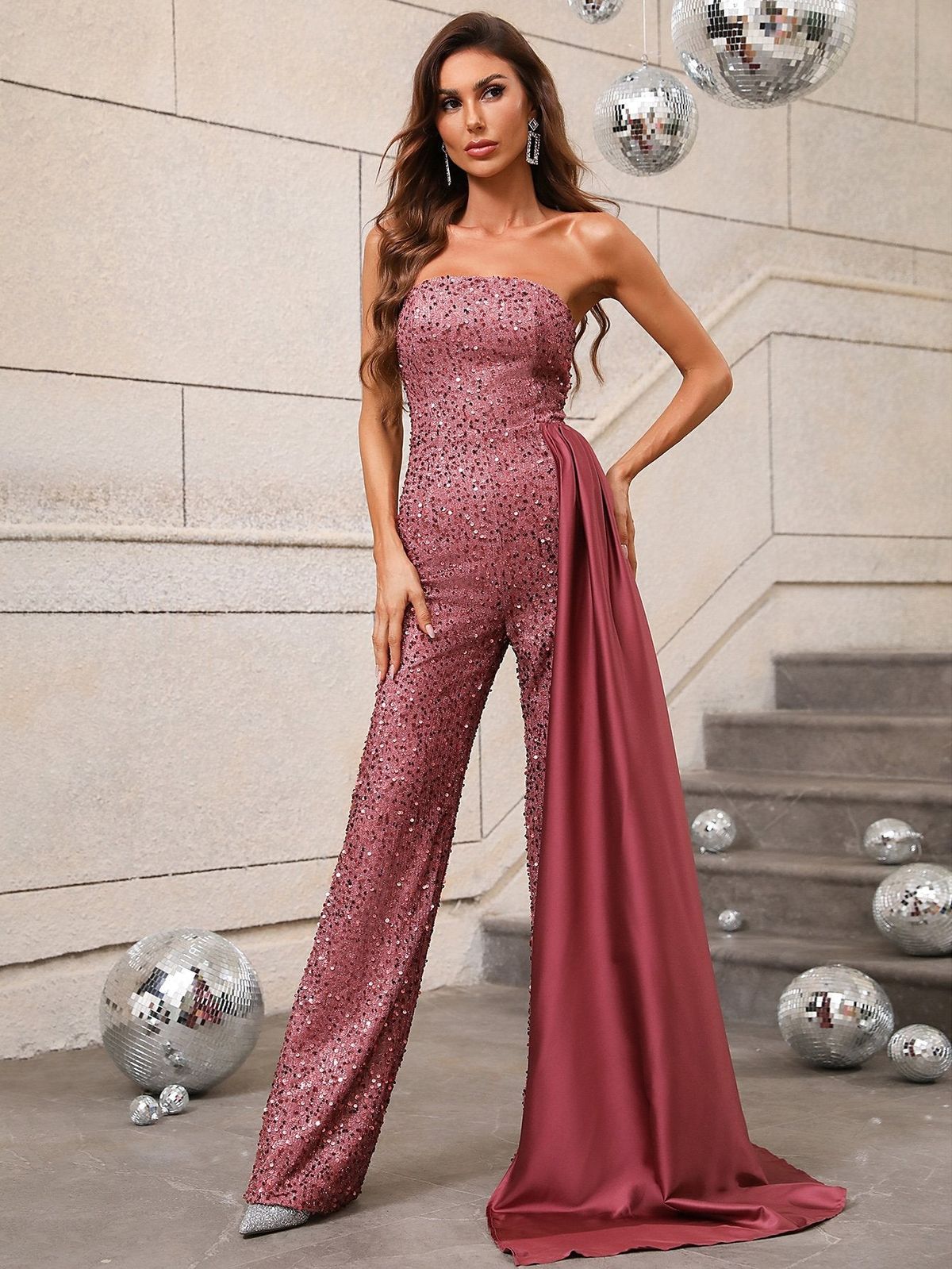 Style FSWB0011 Faeriesty Size L Prom Strapless Sequined Rose Gold Formal Jumpsuit on Queenly