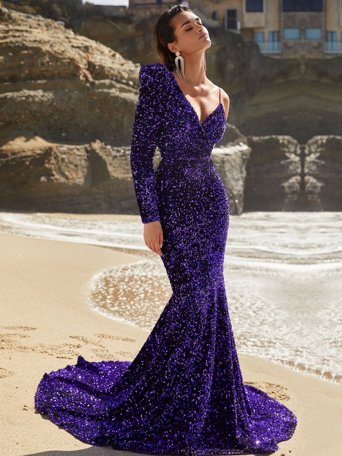 Style FSWD8016 Faeriesty Size XS One Shoulder Sequined Purple Mermaid Dress on Queenly
