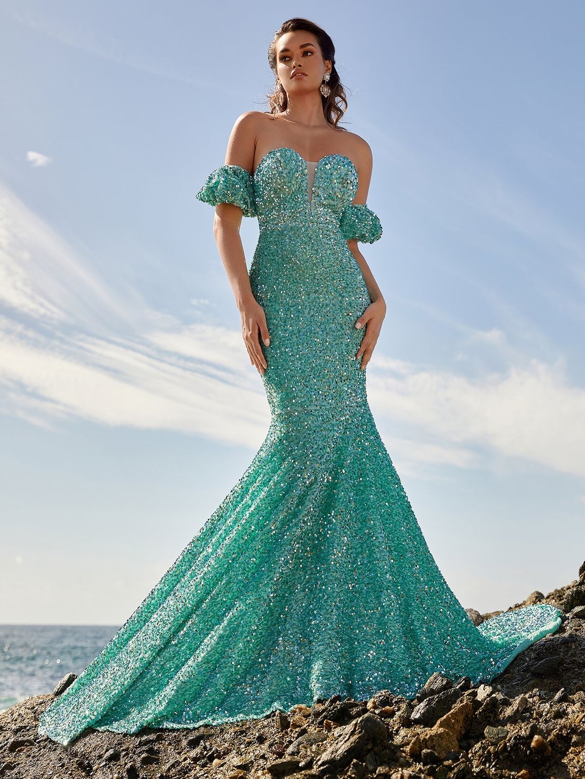 Style FSWD0777 Faeriesty Size XL Off The Shoulder Sequined Light Green Mermaid Dress on Queenly