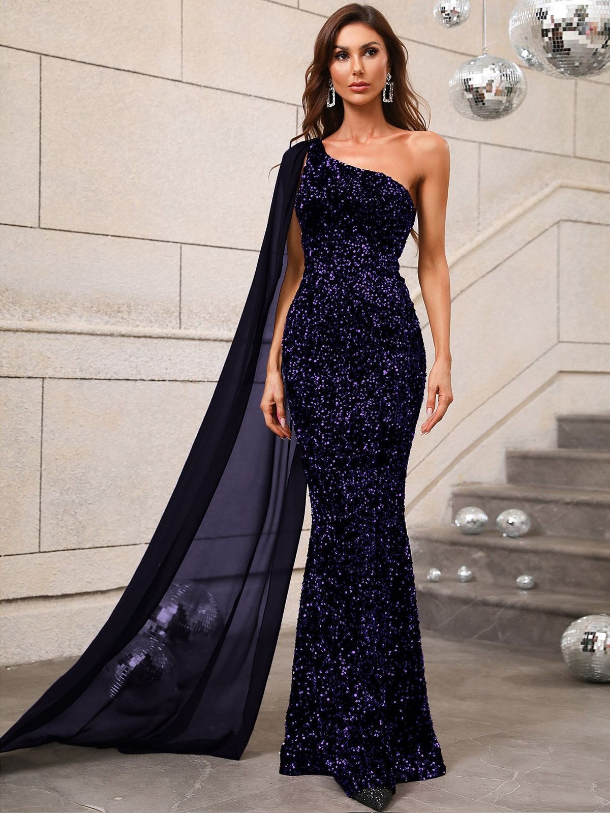 Style FSWD0421 Faeriesty Size XL Prom One Shoulder Sequined Purple Floor Length Maxi on Queenly
