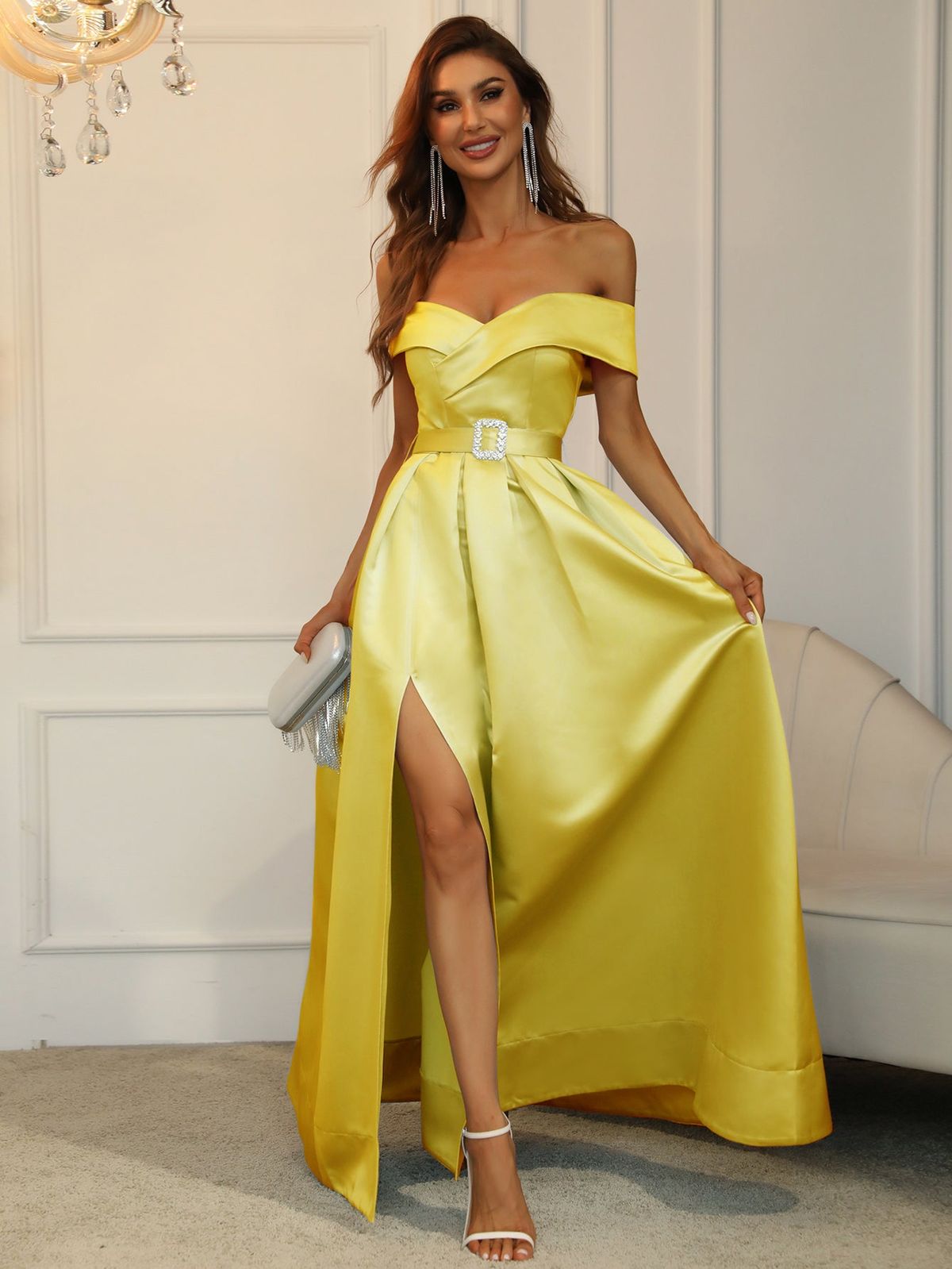 Style FSWD0195 Faeriesty Size XS Prom Off The Shoulder Satin Yellow Ball Gown on Queenly