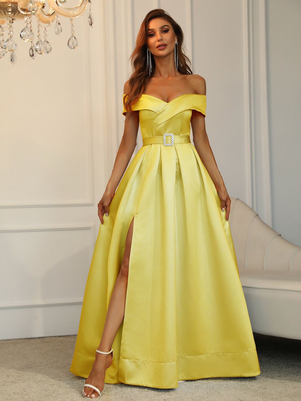 Style FSWD0195 Faeriesty Size XS Prom Off The Shoulder Satin Yellow Ball Gown on Queenly