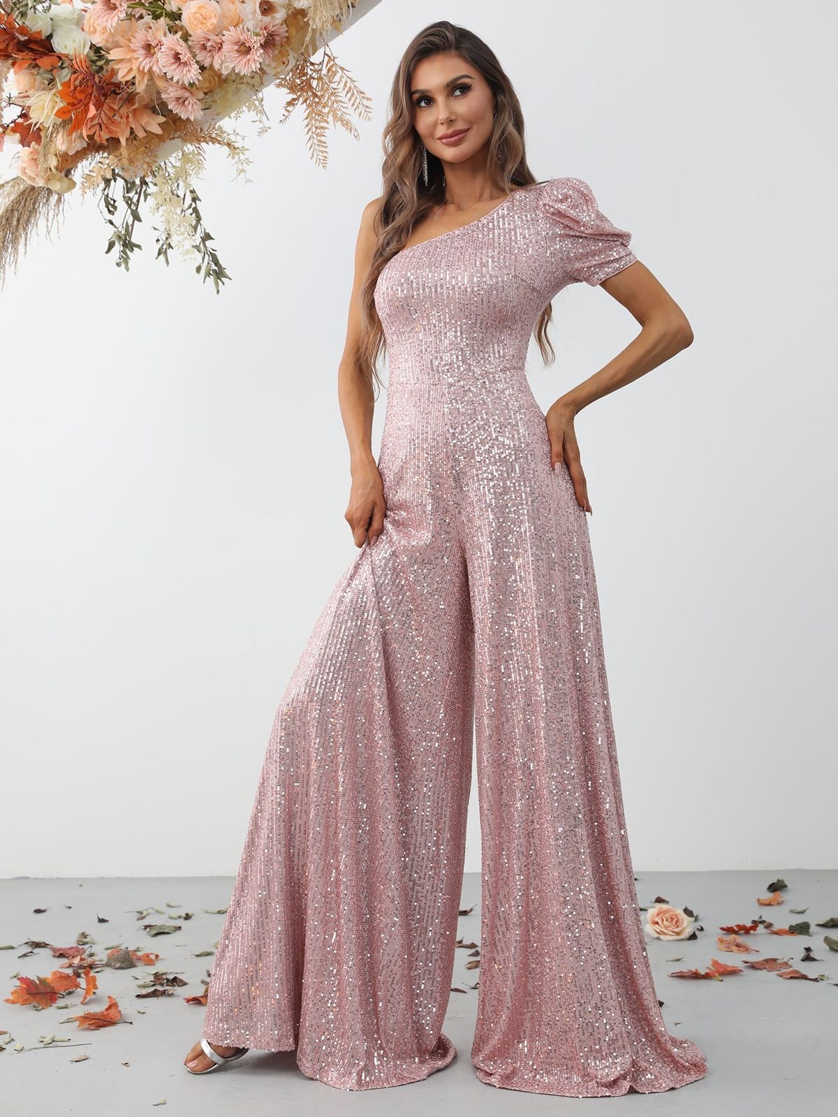 Style FSWB7004 Faeriesty Size XS Homecoming One Shoulder Sequined Rose Gold Formal Jumpsuit on Queenly